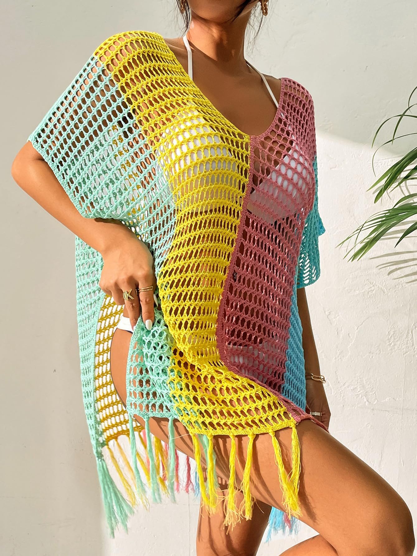MOPUEA Strandkleid Damen Gestrickte Bikini Cover Up Strandponcho Strandkleid (Set, 1-tlg., Eleganter V-Ausschnitt & bequemer Schnitt) Vielseitig kombinierbar & Einsatzmöglichkeiten