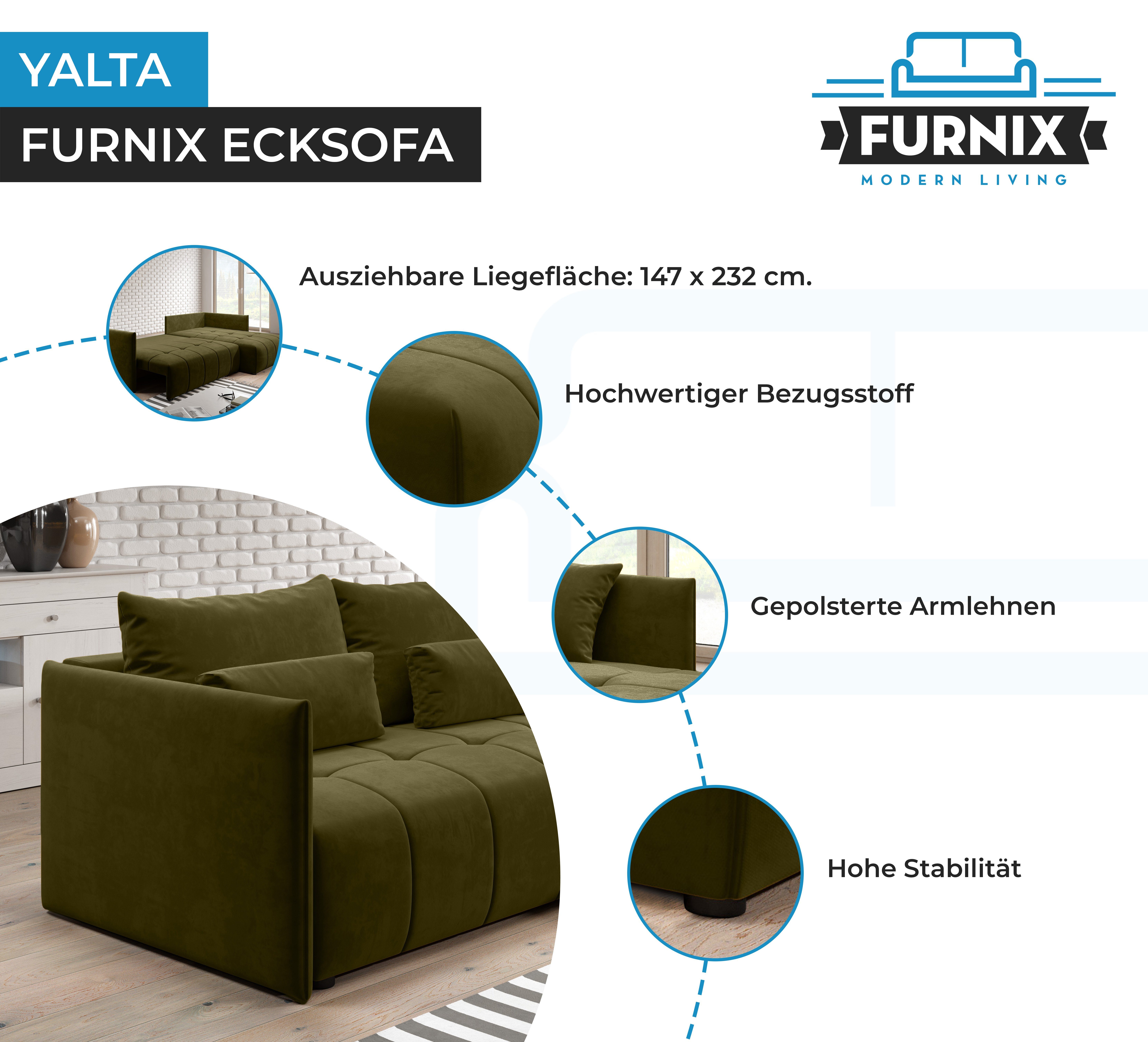 Kissen, YALTA mit Moos in Ecksofa und Schlafsofa MH38 ausziehbar Couch Bettkasten Europe Furnix Made Grün