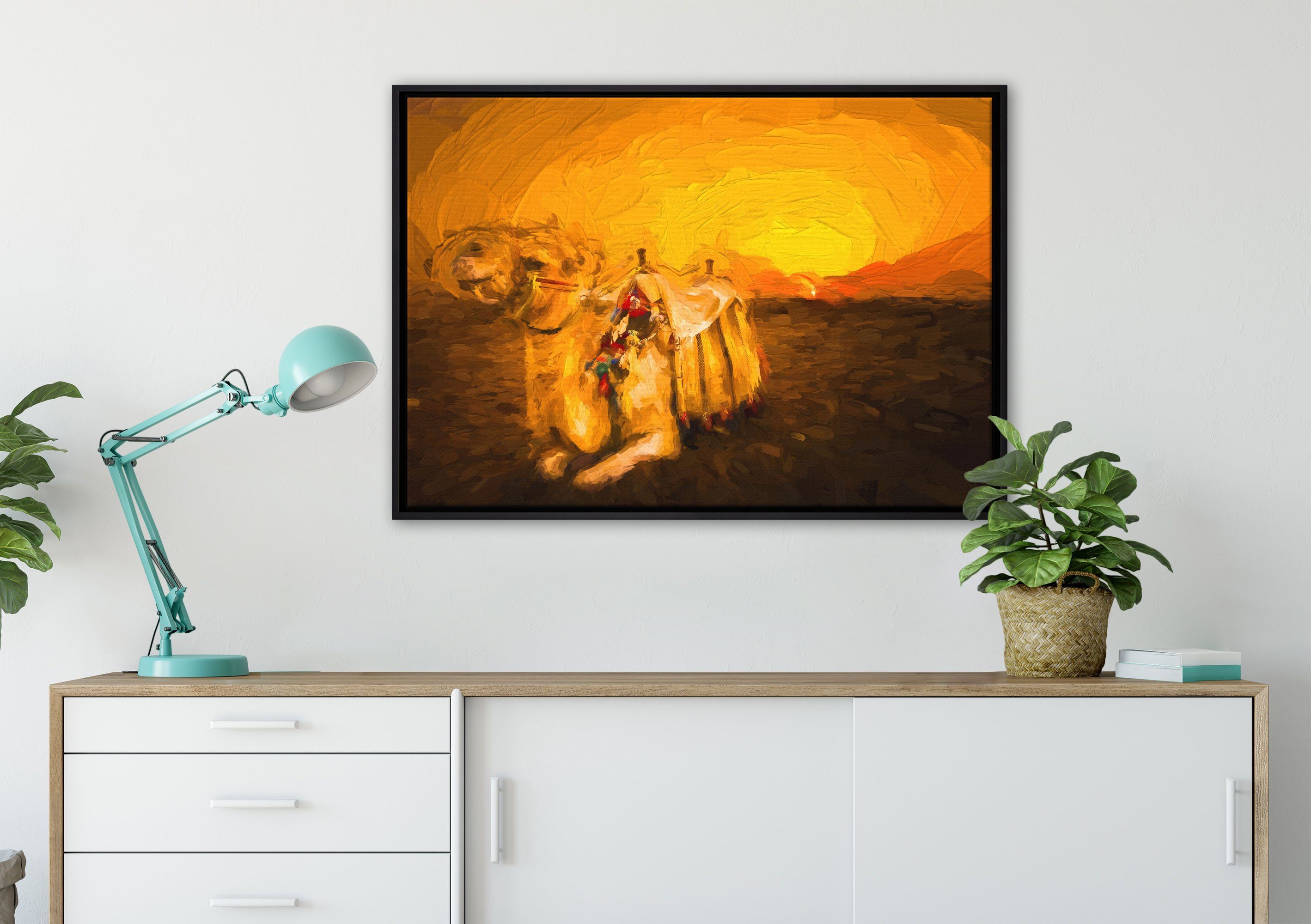inkl. Zackenaufhänger Wanddekoration (1 Schattenfugen-Bilderrahmen in Leinwandbild in St), Leinwandbild Kamel gefasst, Ägypten, fertig Pixxprint bespannt, einem