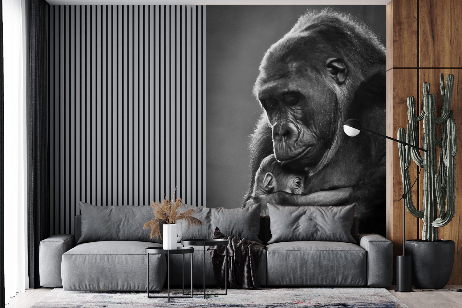 MuchoWow neugeborenen (3 für Schwarz-Weiß-Bild Wandtapete Wohnzimmer, St), Vinyl mit Montagefertig Baby, Matt, einer Fototapete ihrem bedruckt, Tapete Gorillamutter