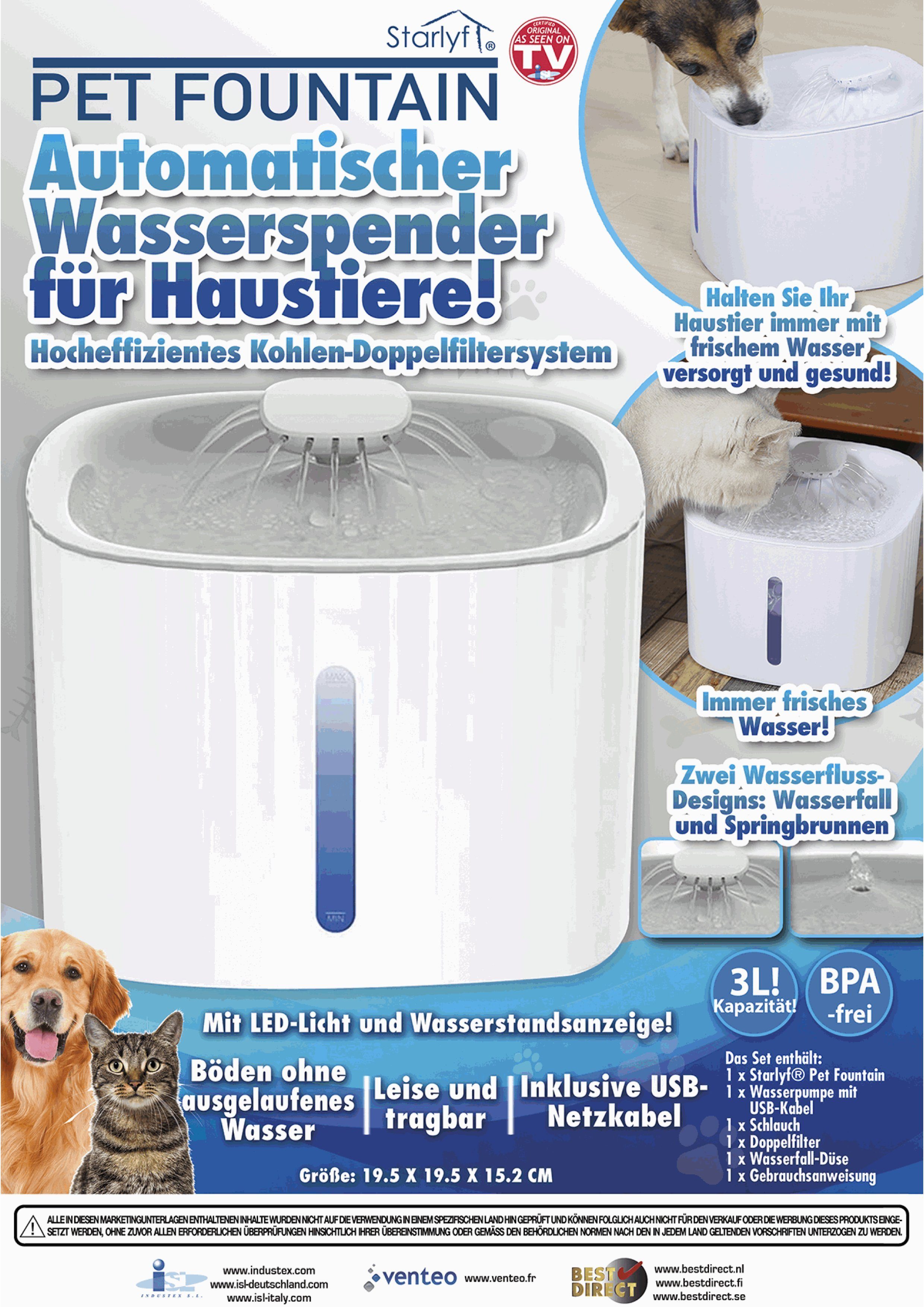 Starlyf Trinkbrunnen Pet Fountain 3 l, Brunnen für Katze und Hund, Wasserspender, leise und tragbar, LED, USB