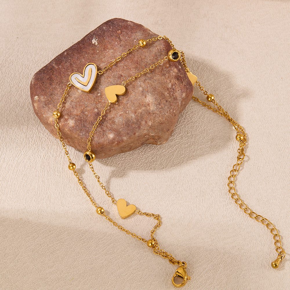 RAIKOU Fußkette mit Anhänger Gold Edelstahl – Doppelreihig mit Herz & Smiley aus Natur Perlmutt, Mit Anti-Oxidations Geschenkbox
