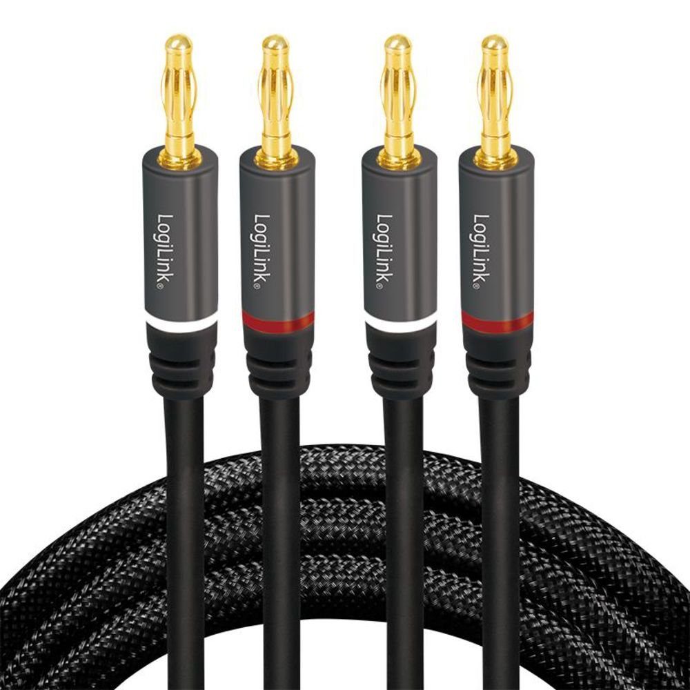 LogiLink CA1210 Audio-Kabel, Bananenstecker, Bananenstecker (300 cm),  Lautsprecherkabel, 2x2 Stecker, Nylon, schwarz, 2x2,5mm²
