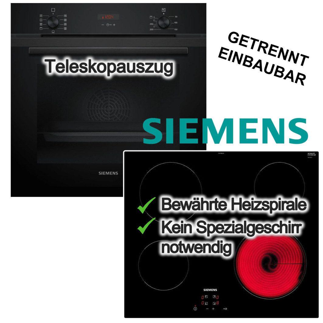 SIEMENS Backofen-Set Backofen 3DHeißluft Hydrolyse Teleskopauszug + Elektrokochfeld 4 Zonen, mit 1-fach Teilauszug, Hydrolyse