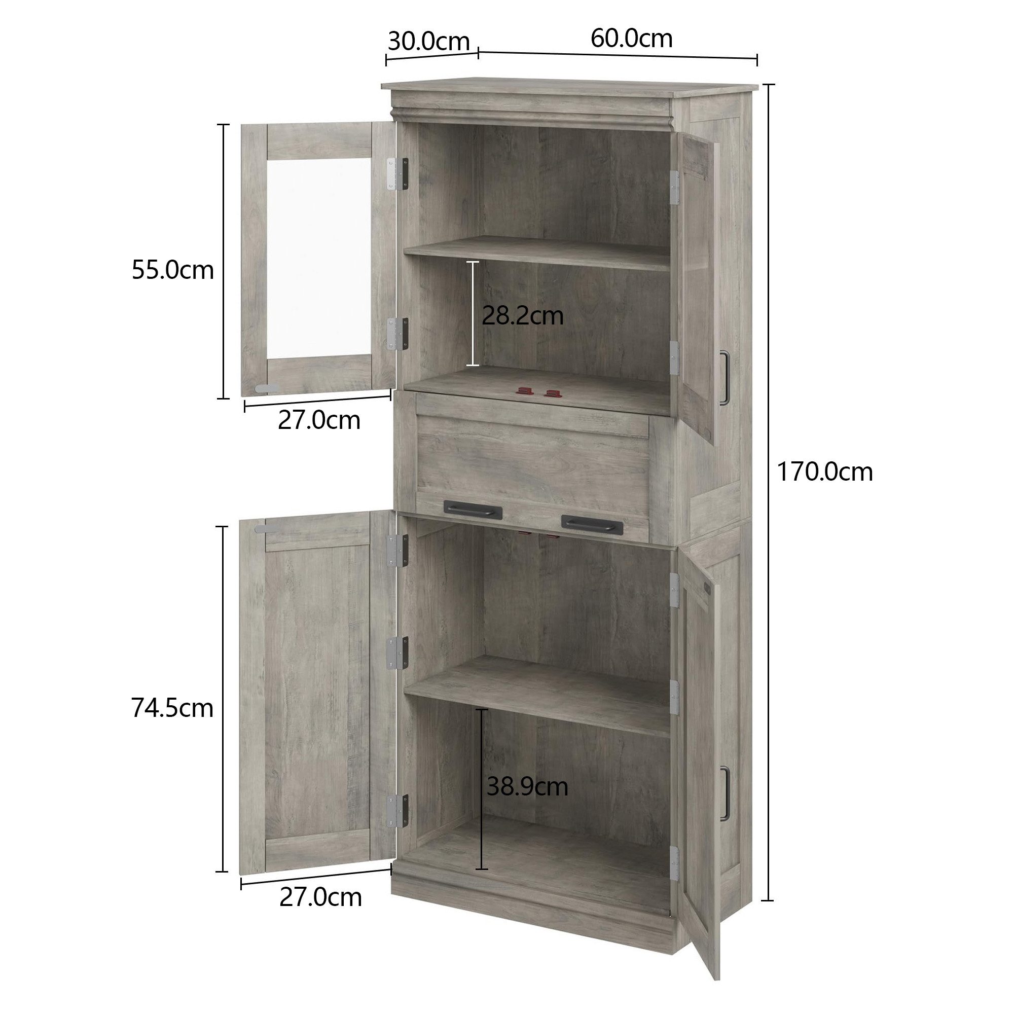 GarveeMore Stauraumschrank 170 cm Hochschrank mit Glastüren und Schublade Mehrzweckschrank Freistehender Vorratsschrank Beistellschrank verstellbare Einlegeböden