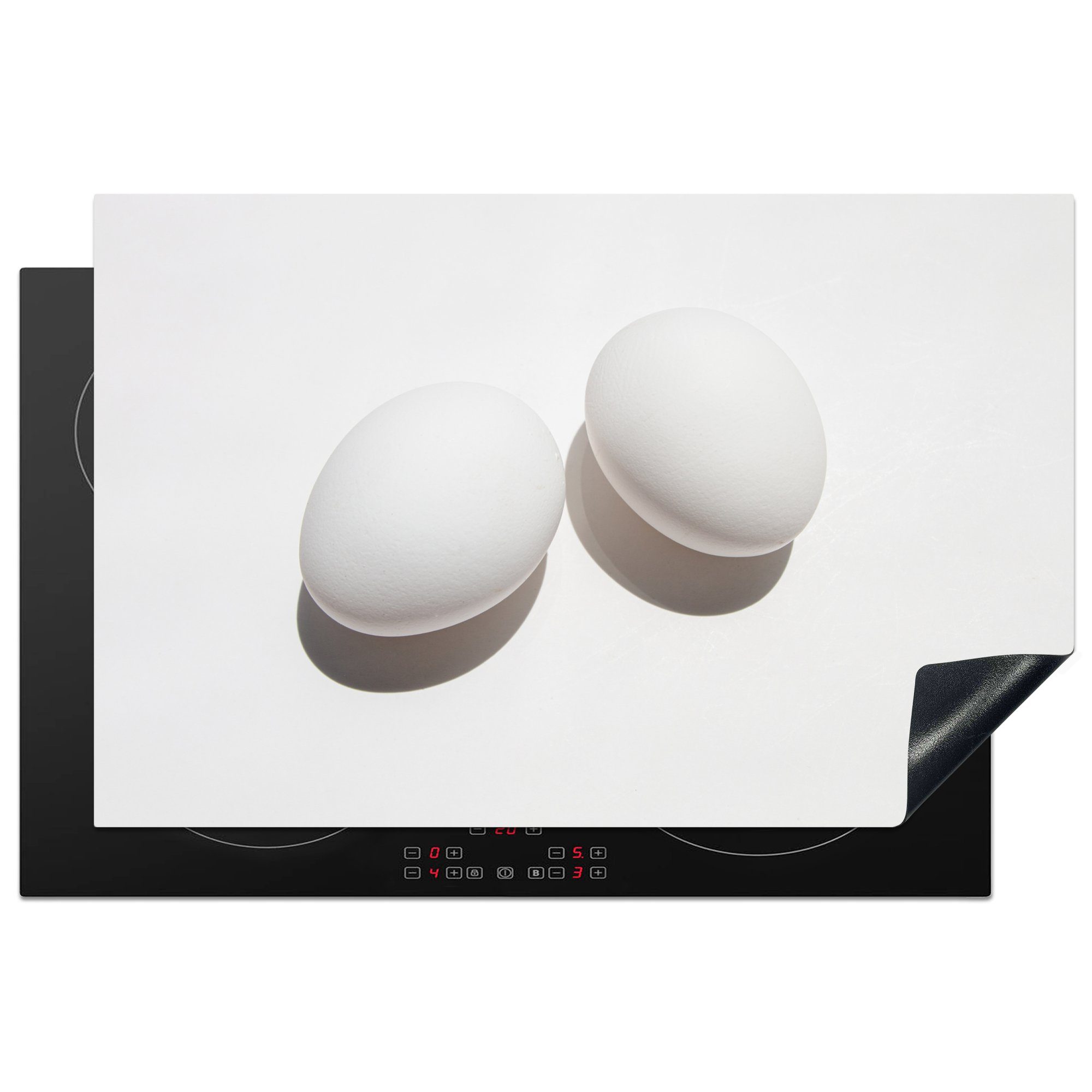 MuchoWow Herdblende-/Abdeckplatte Ceranfeldabdeckung Eier (1 cm, Vinyl, Hintergrund, weißem Schutz küche, tlg), auf für Induktionskochfeld 81x52 die