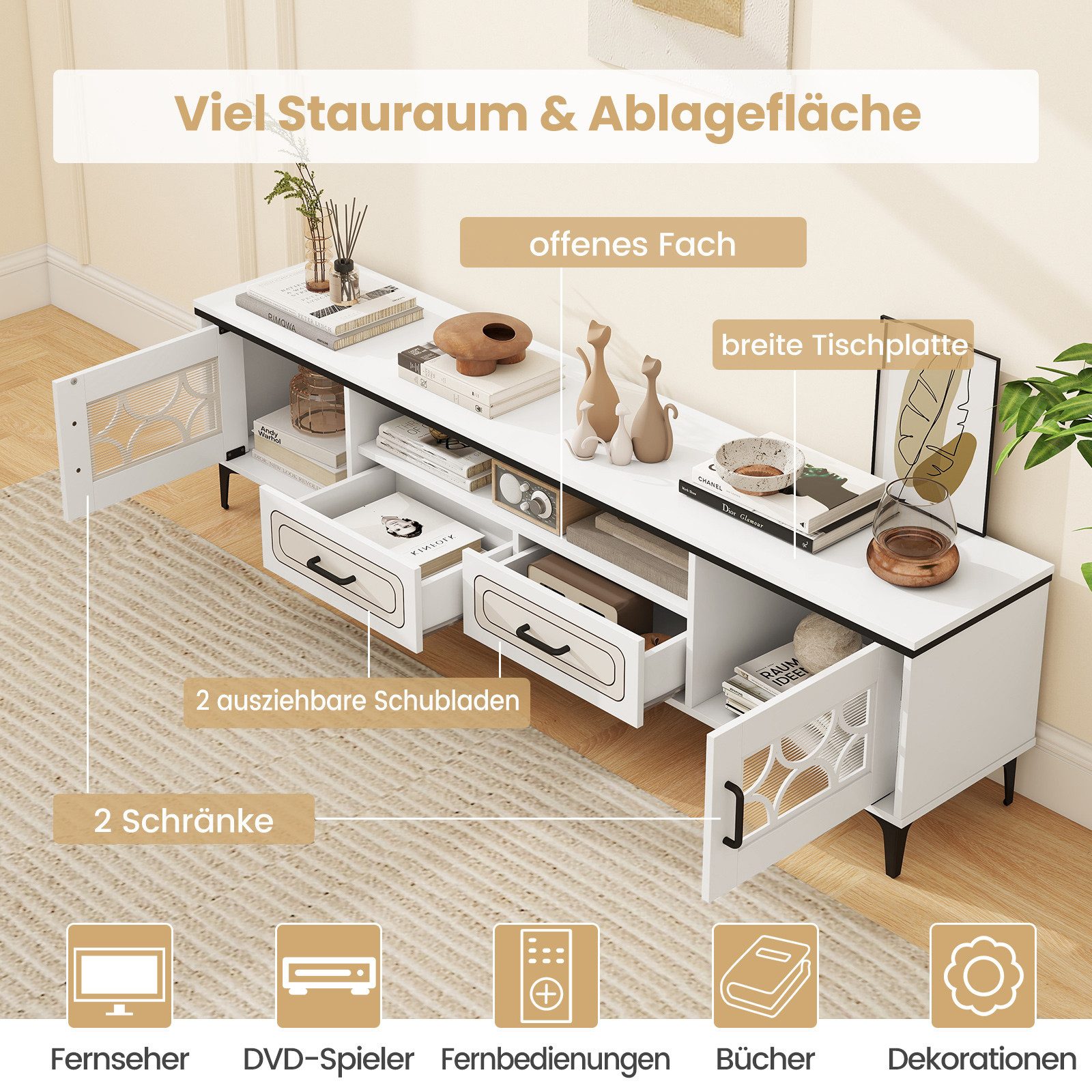 COSTWAY TV-Schrank Holz, Lowboard mit 2 Schublade & Stauraum, 180,5cm