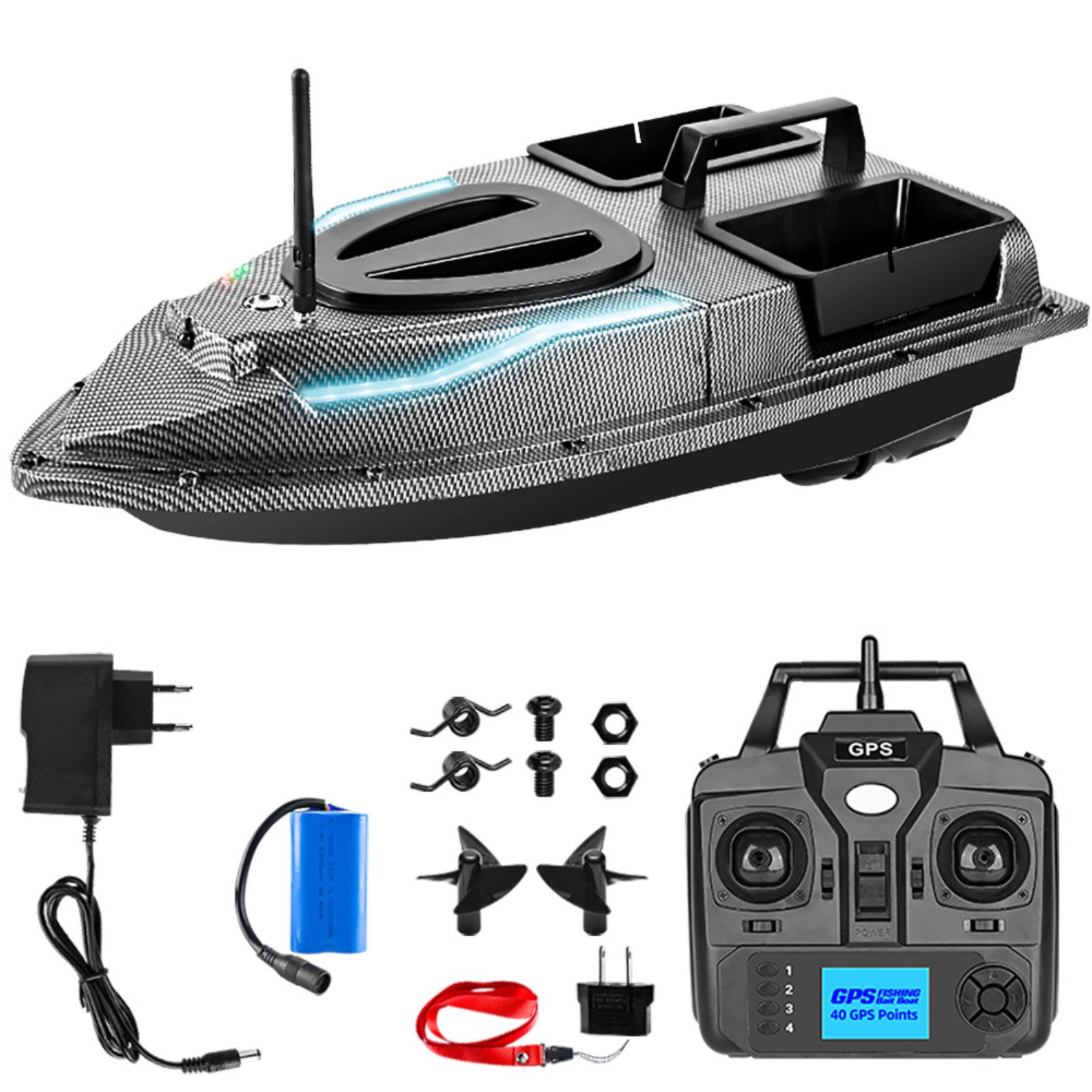 Tekoo RC-Boot GPS Futterboot, 500m Reichweite, Return-to-Home & 2 Akkus (Set, Komplettset mit 2 Akkus), GPS-Positionierung mit 40 Speicherplätzen, Return-to-Home Funktion