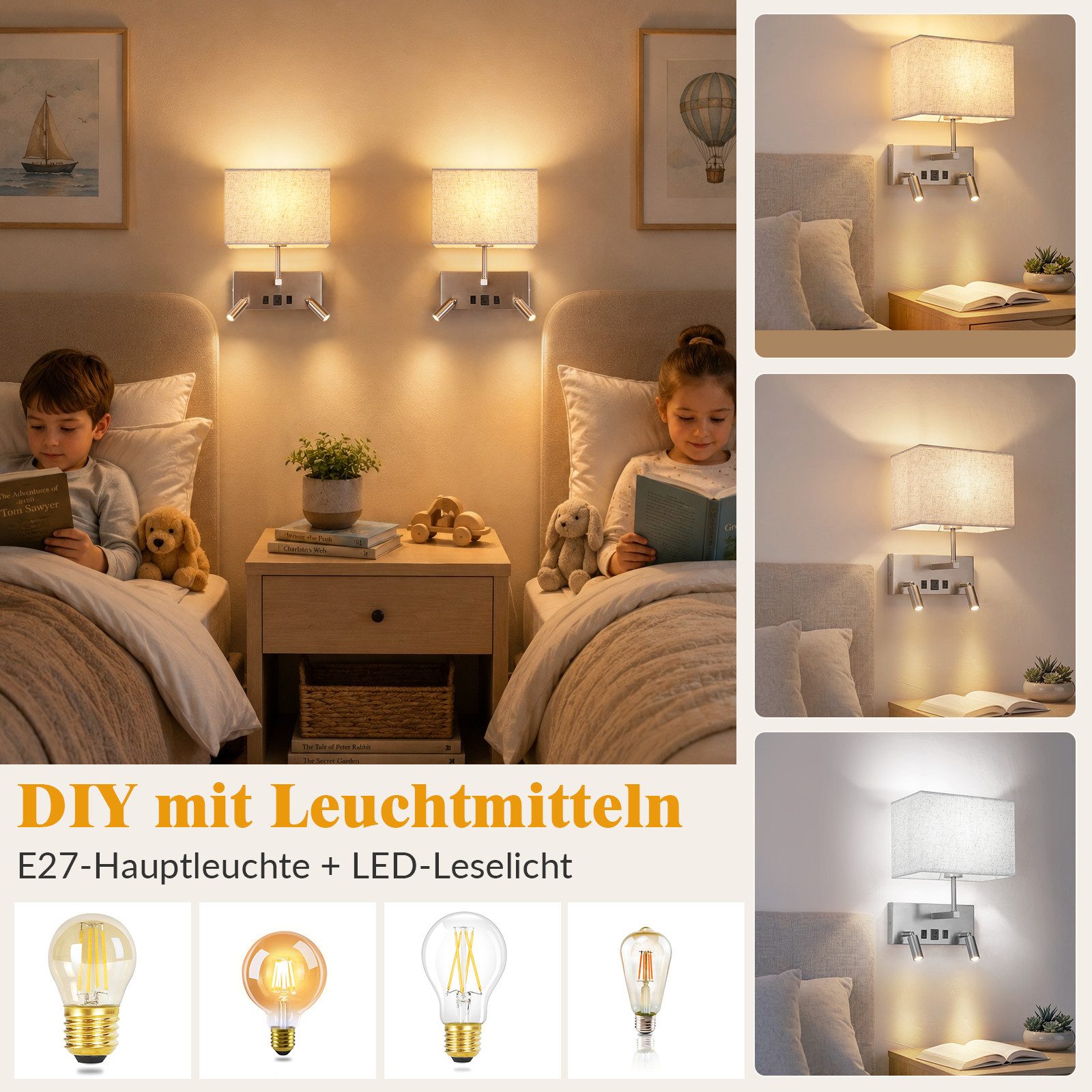 Nettlife Wandleuchte innen Schalter Moderne Wandlampe E27 Stoffschirm, ohne Leuchtmittel, USB-A&USB-C Ladefunktion zwei 360° schwenkbare LED-Lesearme