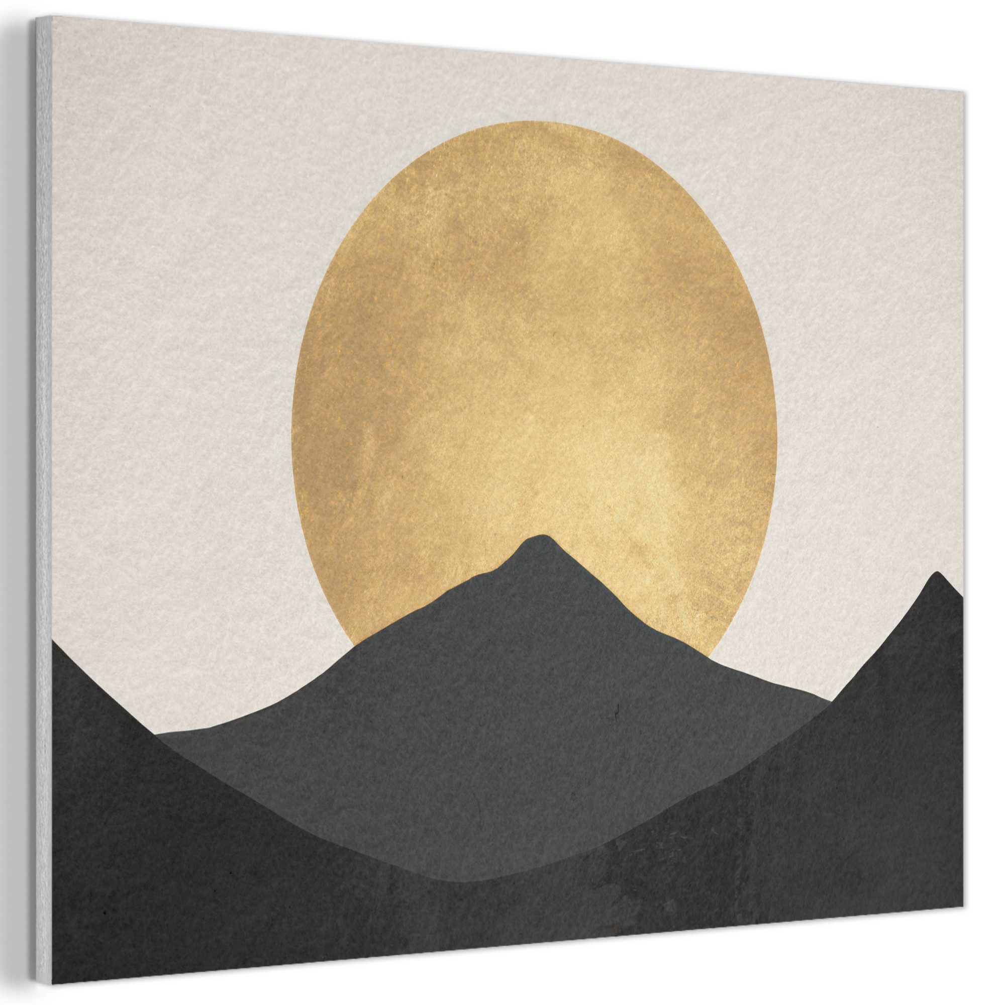 MuchoWow Gemälde Bergsilhouetten - Goldener Kreis - Beige, Fotodruck (1 St), Akustikpaneele PET-Filz, Akustikbild, Schalldämmung, Deko 40x30 cm