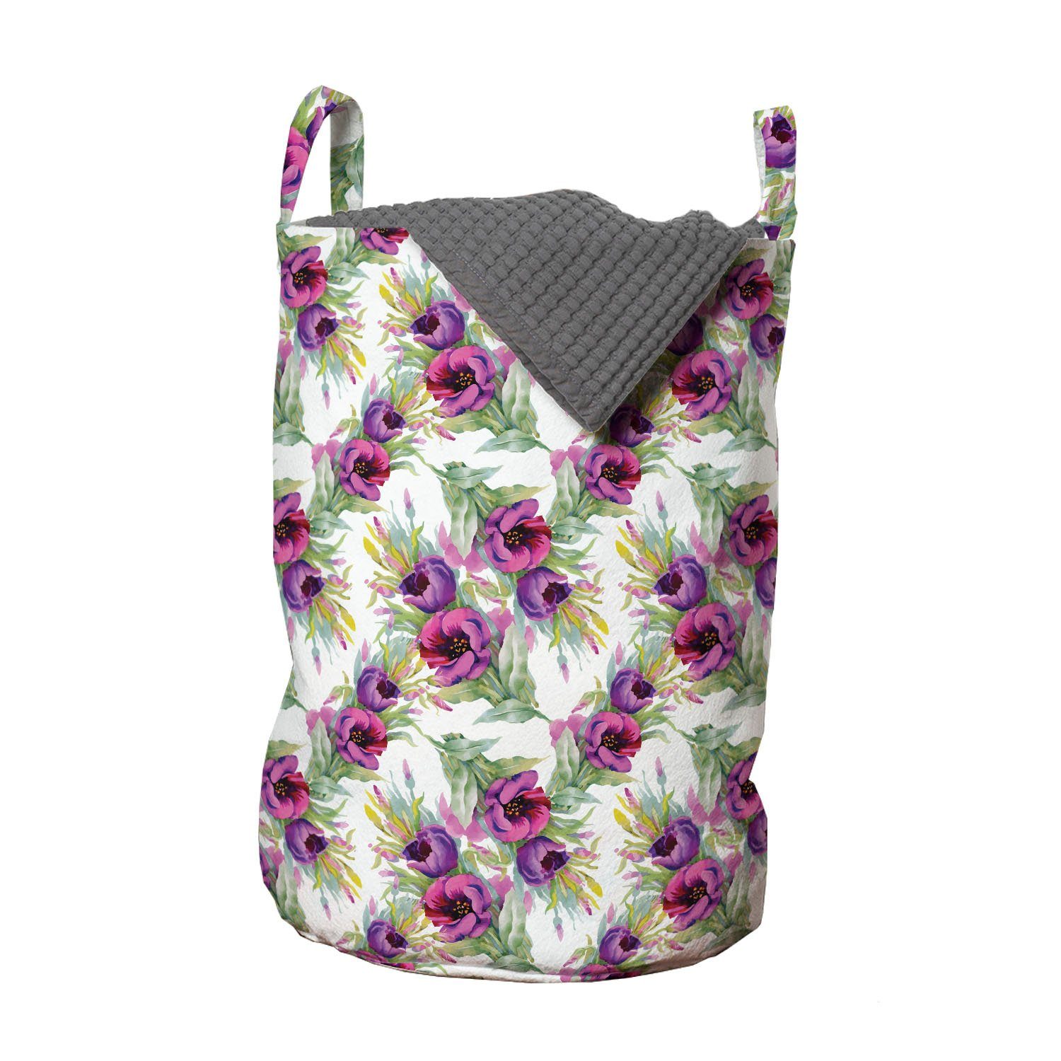 Abakuhaus Wäschesäckchen Wäschekorb mit Griffen Kordelzugverschluss für Waschsalons, Botanisch Reihen von Purplish Blumen