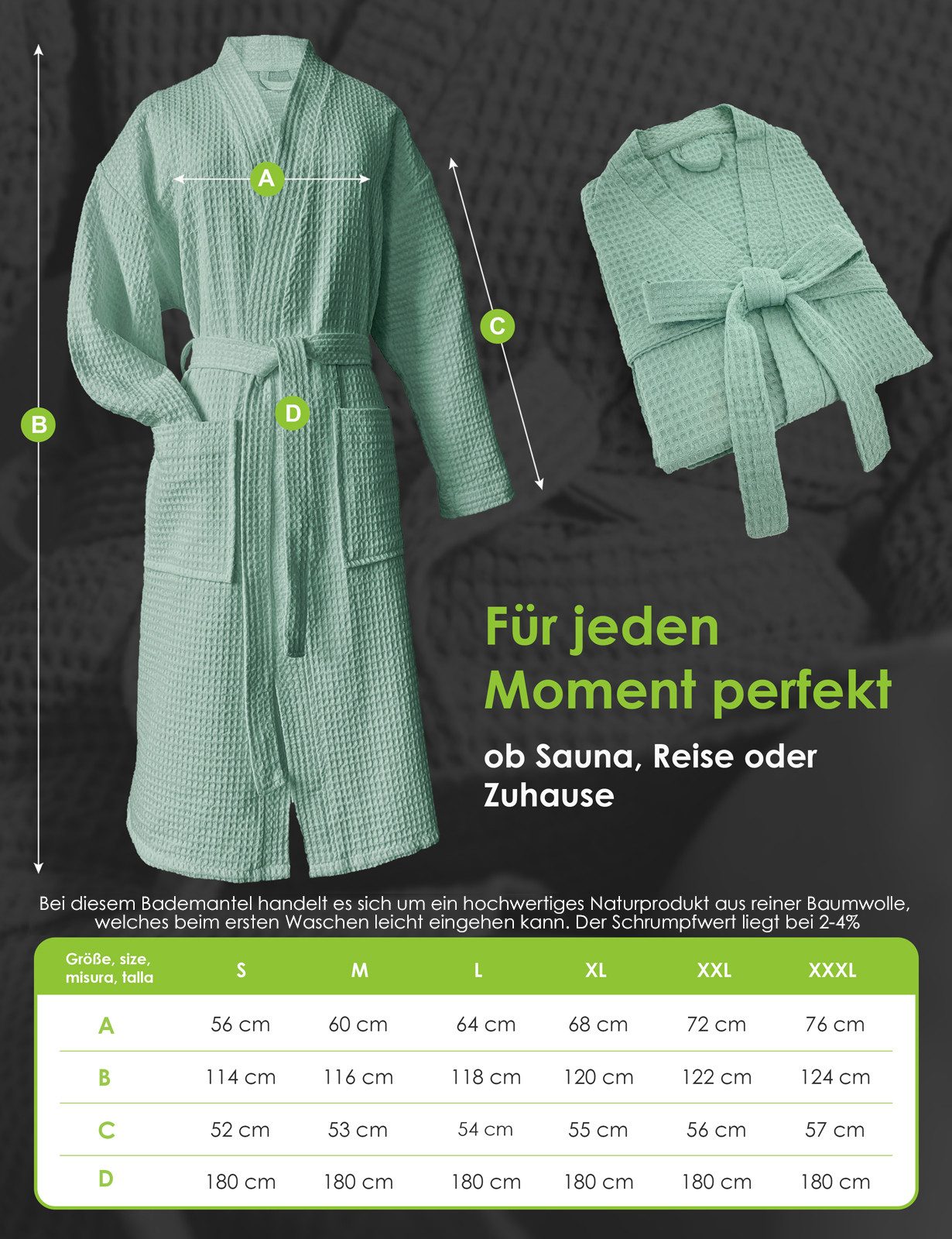 heimtexland Bademantel Reisebademantel Saunamantel Waffelpique Morgenmantel, Midilänge, Baumwolle, 2 Taschen I Bindegürtel, Gürtel, leicht I atmungsaktiv I kleines Packmaß I 100% Baumwolle