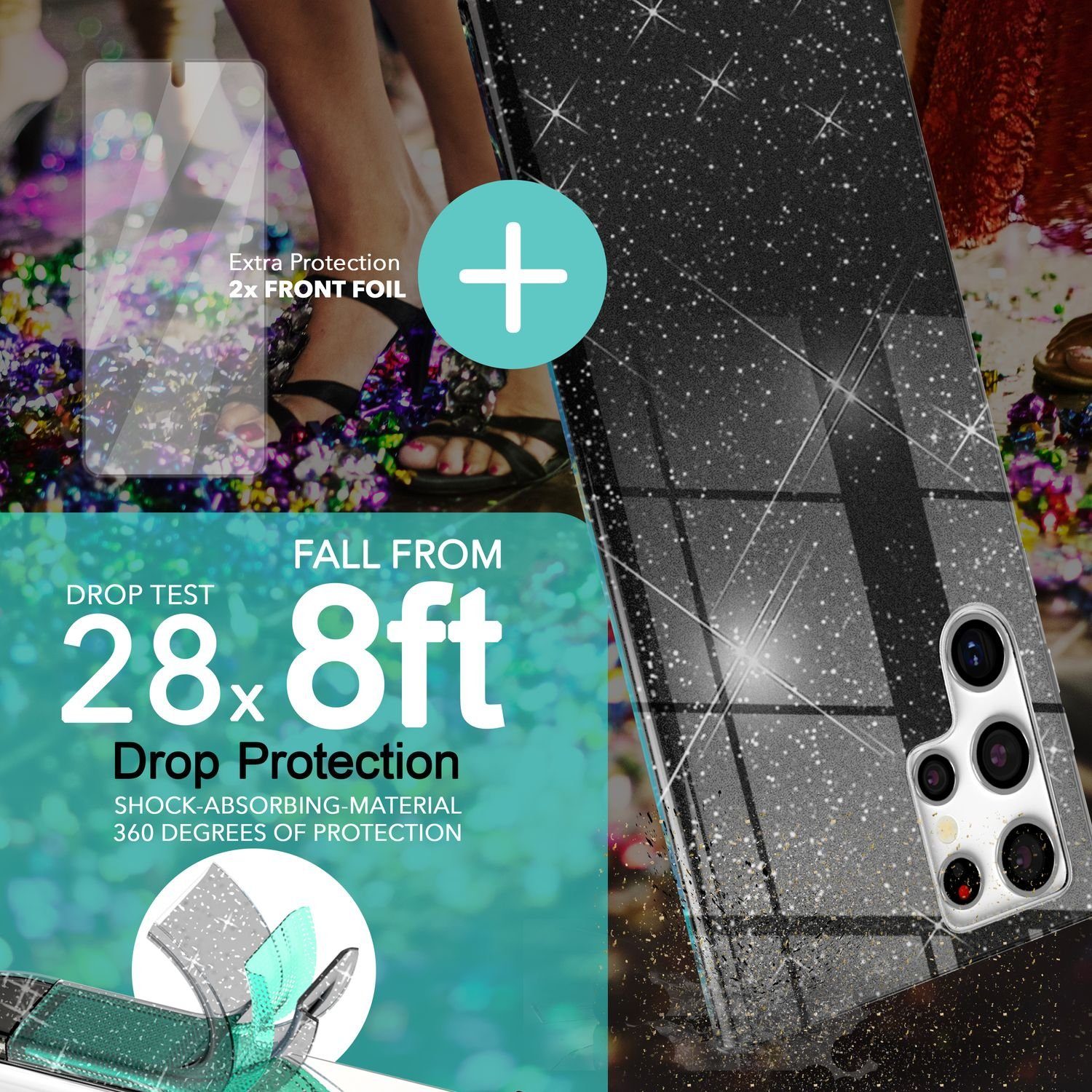 Nalia Smartphone-Hülle Samsung Galaxy S23 Ultra 17,3 cm (6,8 Zoll), Glitzer Silikon Hülle / 2x Displayschutz / Innen Verstärkt / Stoßfest – Bild 2 von 5