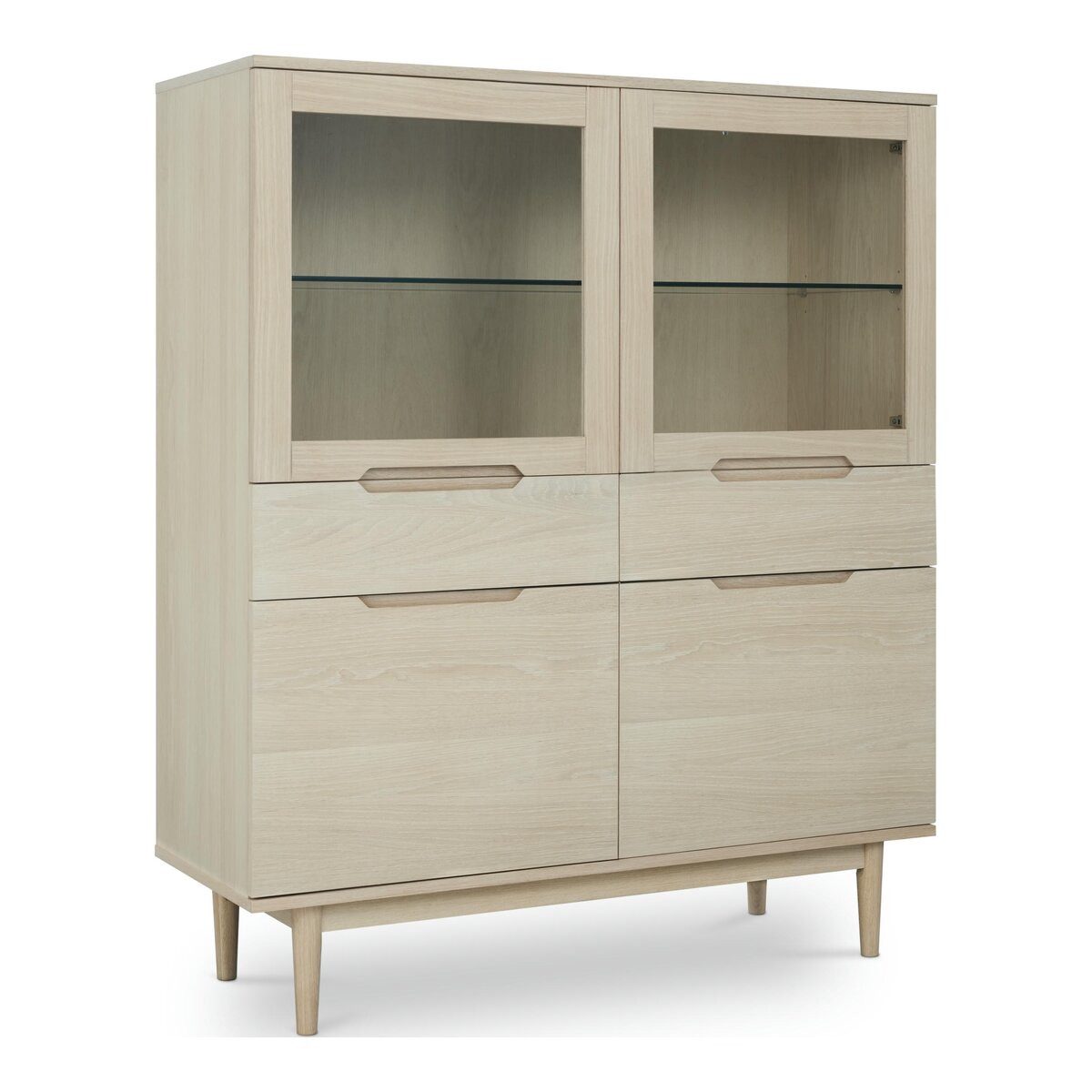 Feeling4Home Highboard Eiche Whitewash 146 cm - 4 Türen, 2 Schubladen, LED & Soft-Close, Großzügiger Stauraum, Massivholzbeine, LED-Beleuchtung