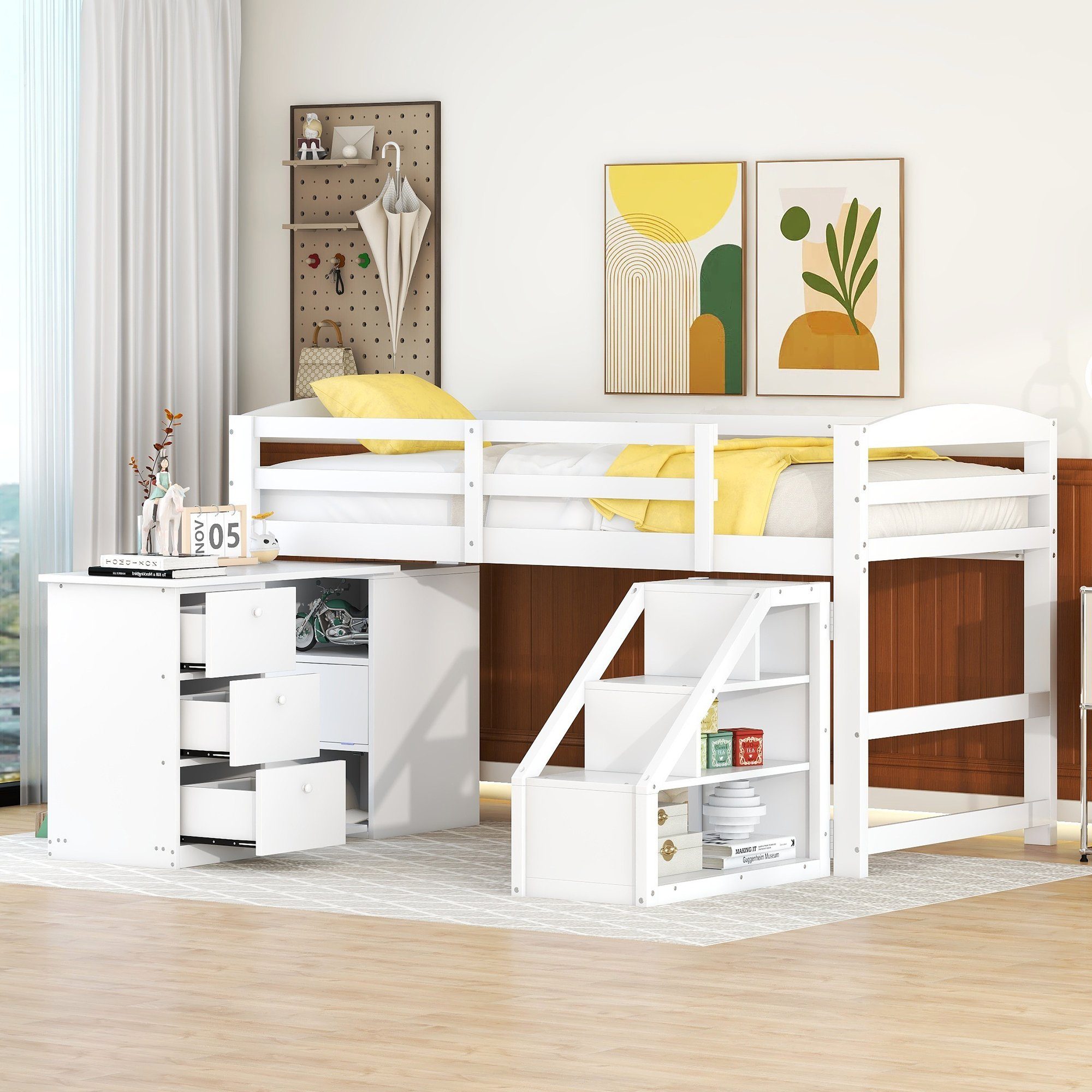 REDOM Kinderbett (90 mit Treppe), integriertem und Gästebett Ohne Funktionsbett x Matratze Hochbett cm, 200 Bett Einzelbett Multifunktionsschreibtisch