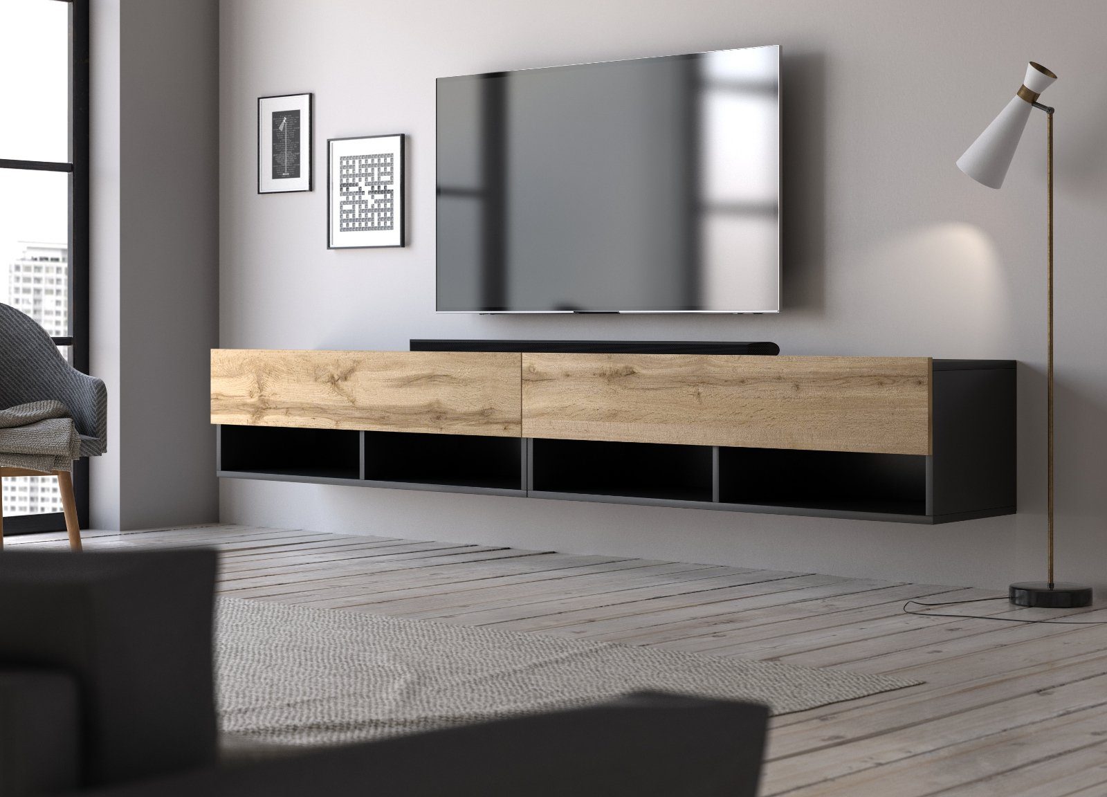 200 (Flat-TV Wood in Board Used Lowboard oder cm GuenstigEinrichten Wotan Eiche), Breite Epsom
