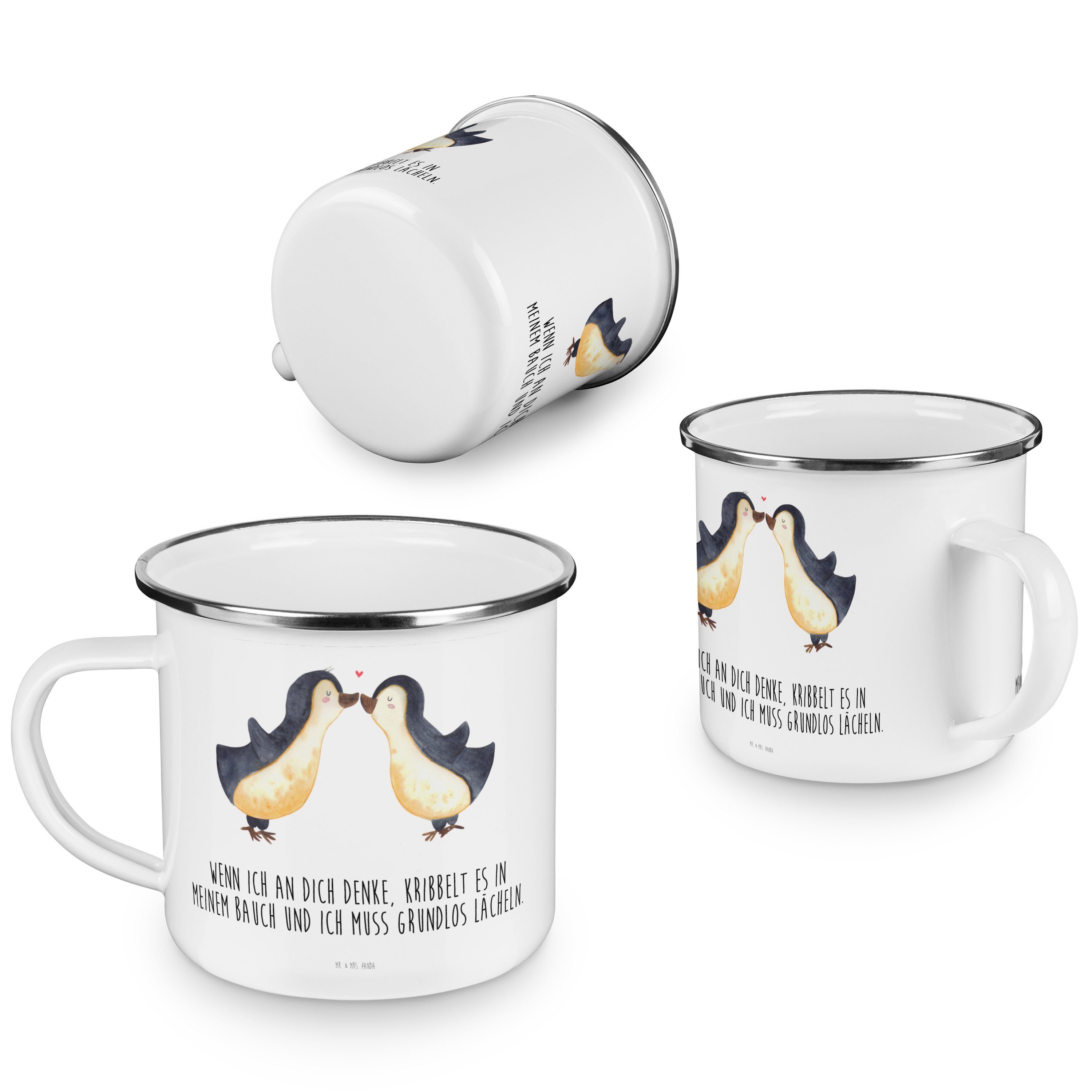 Geschenk, Kuss Pinguine Campingtasse, Tasse Emaille Mr. Becher Camping - Weiß Panda & Metall, Mrs. -