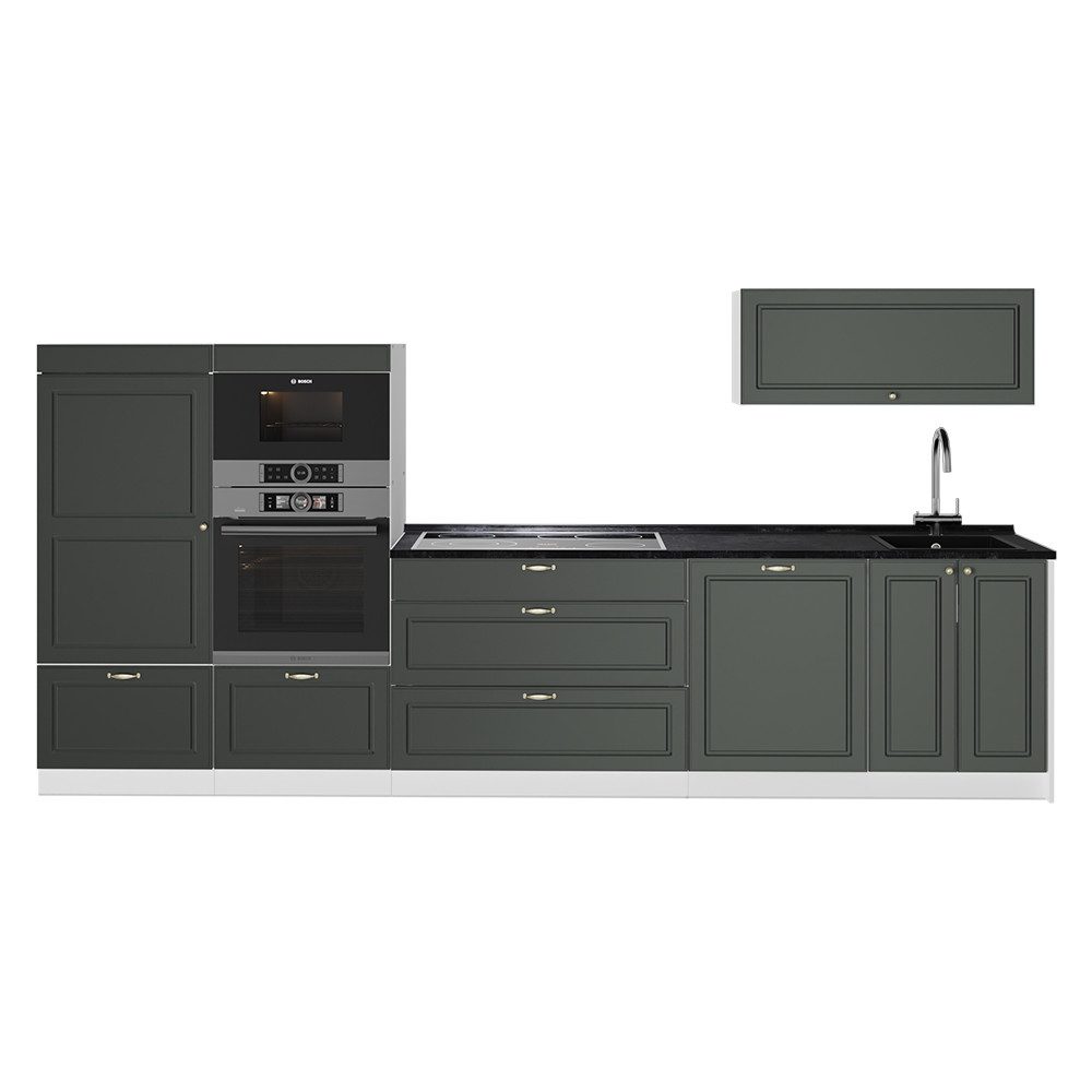 Vicco Küchenzeile Fame-Line, Grün-Gold Landhaus/Weiß, 340 cm ohne Arbeitsplatte