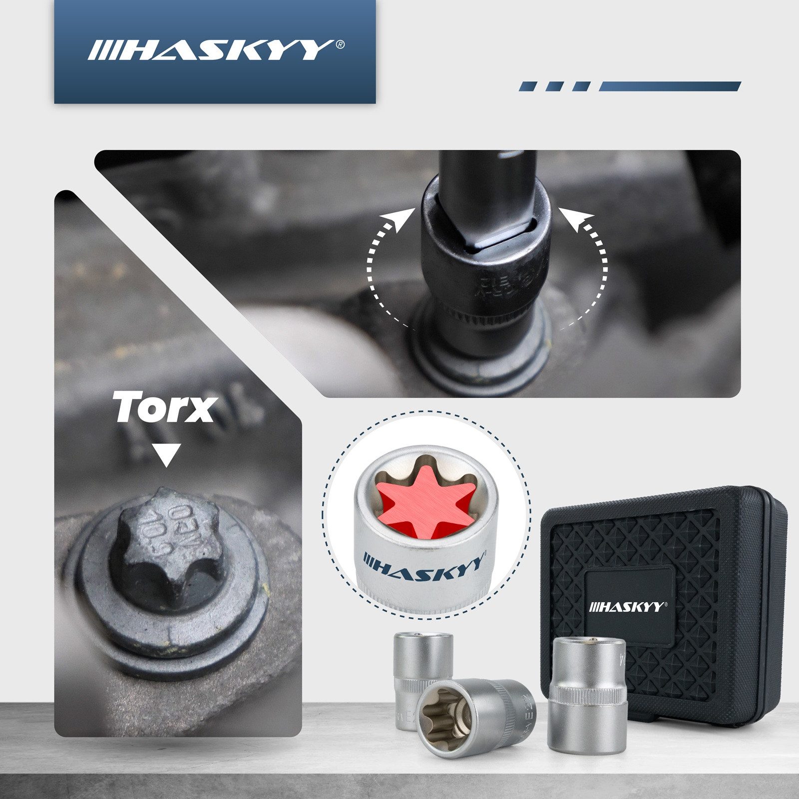 HASKYY Stecknüsse Torx Steckschlüssel Satz 9tlg E10-E24 Nüsse 1/2 Zoll Außentorx Nuss St