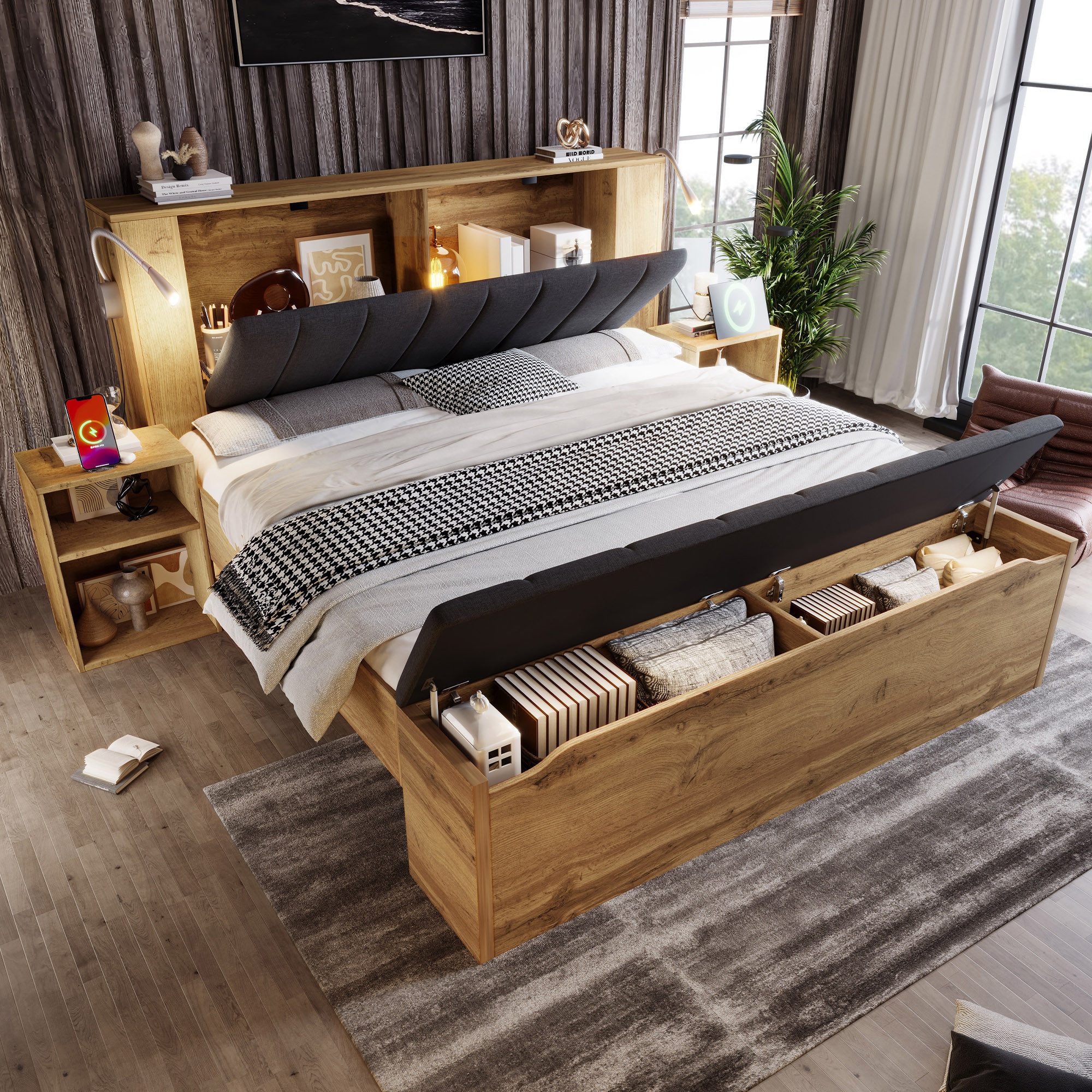 MODFU Holzbett Modulares Bett mit flexiblem Stauraum & Nachttischen, 2 Schränke (Doppelbett,Funktionsbett, 1-tlg., 180x200 cm,Ermöglicht individuelle Anordnung für Funktionalität), Bettbank mit Staufach, klappbares Kopfteil(ohne Matratze)