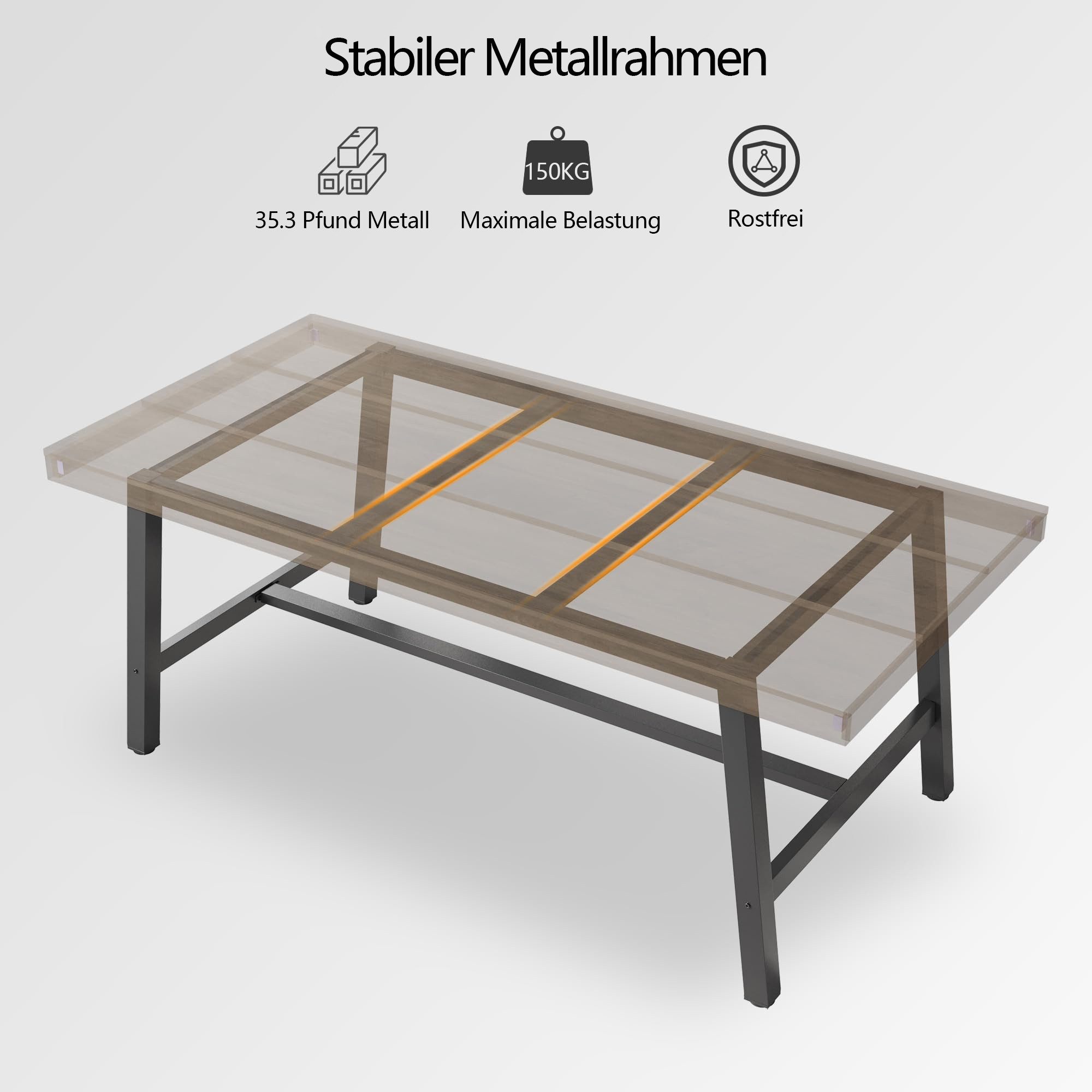 GarveeMore Esstisch 180 cm Großer rechteckiger Esstisch MDF-Tischplatte Holzoptik (1Tisch), Metallgestell Robust Multifunktionaler Esstisch für 6 bis 8 Personen