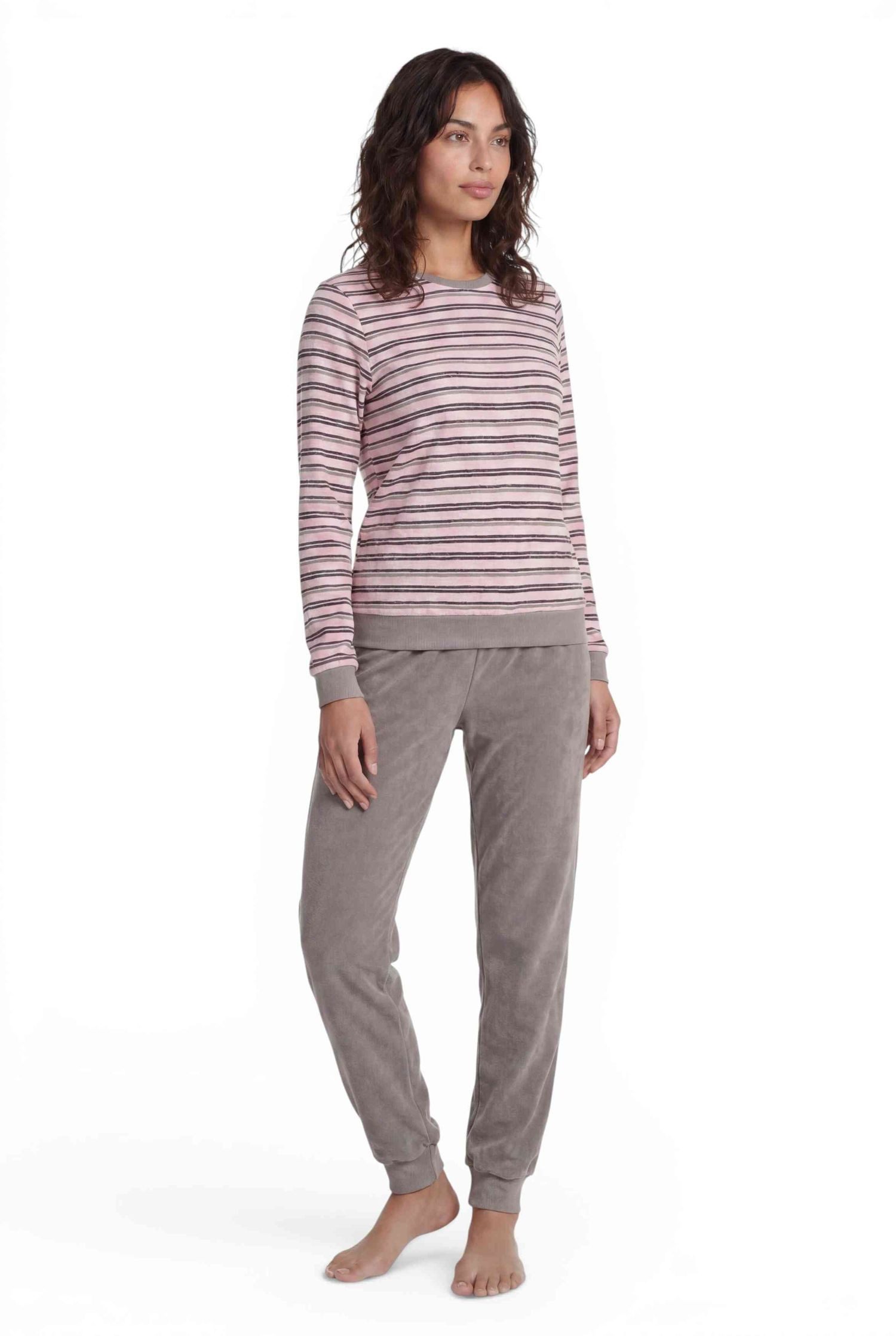 RELAX by Normann Pyjama Damen Frottee Pyjama lang Schlafanzug mit Bündchen in Streifenoptik – Bild 5 von 5