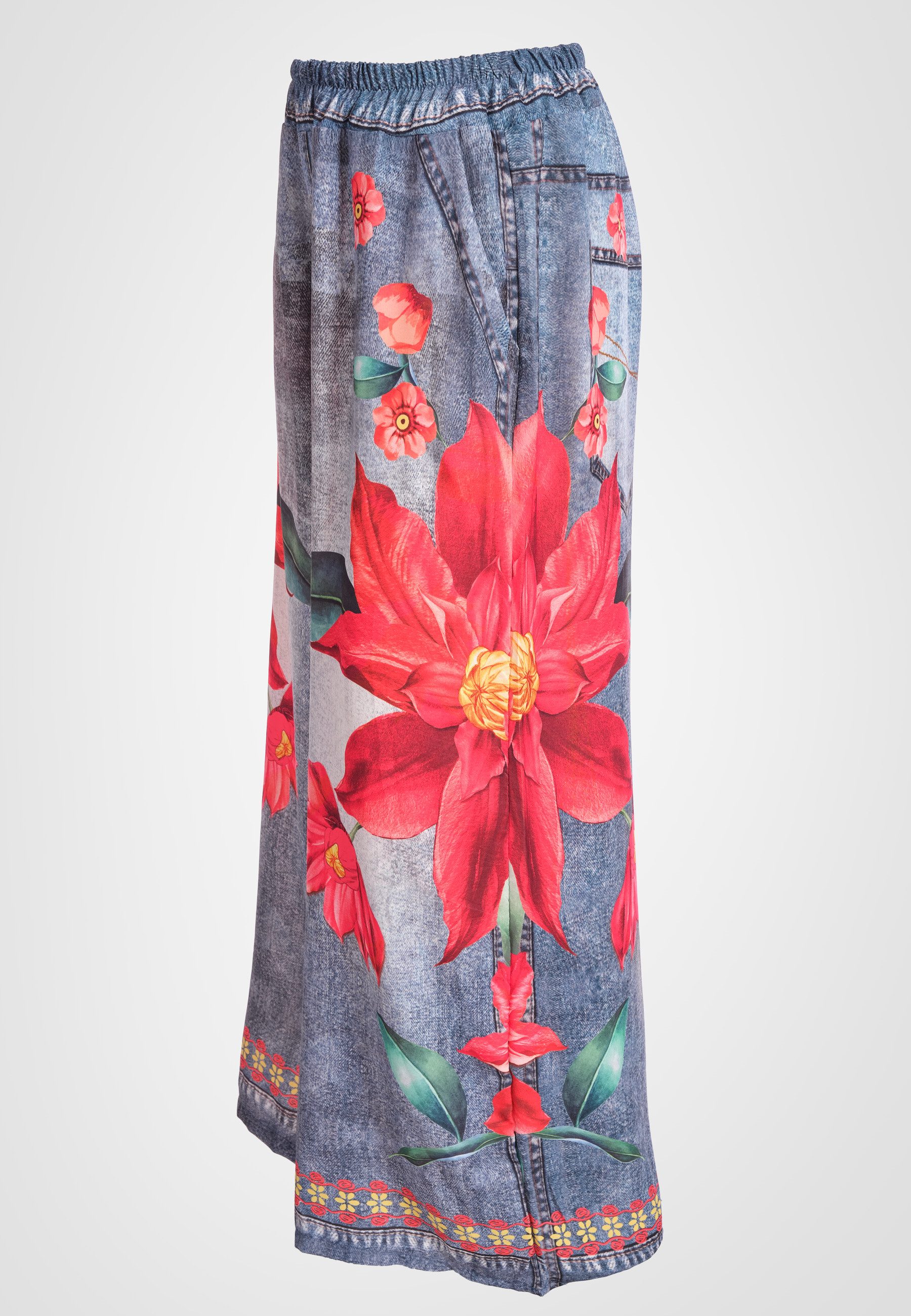 PEKIVESSA Schlupfhose Marlenehose in Jeans-Optik mit weitem Bein Schlupfhose mit Eingrifftaschen