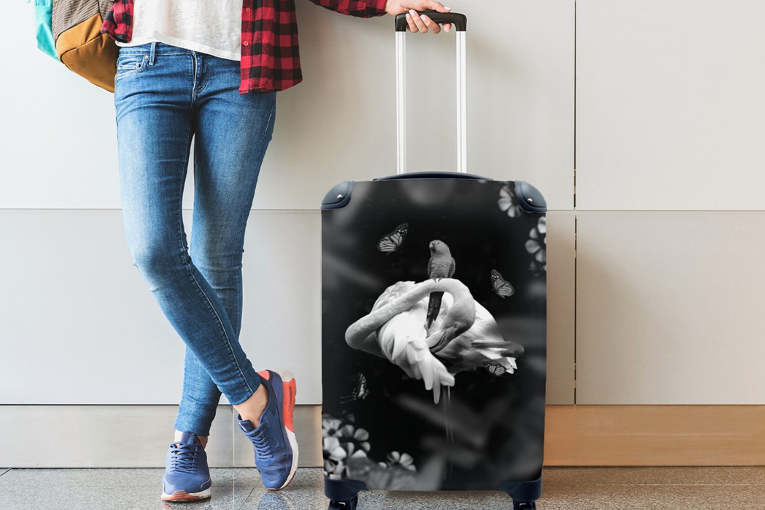 MuchoWow Handgepäckkoffer Flamingo und Trolley, für im 4 weiß, schwarz - Reisetasche Rollen, Handgepäck Reisekoffer mit rollen, Dschungel mit Ferien, Schmetterlingen