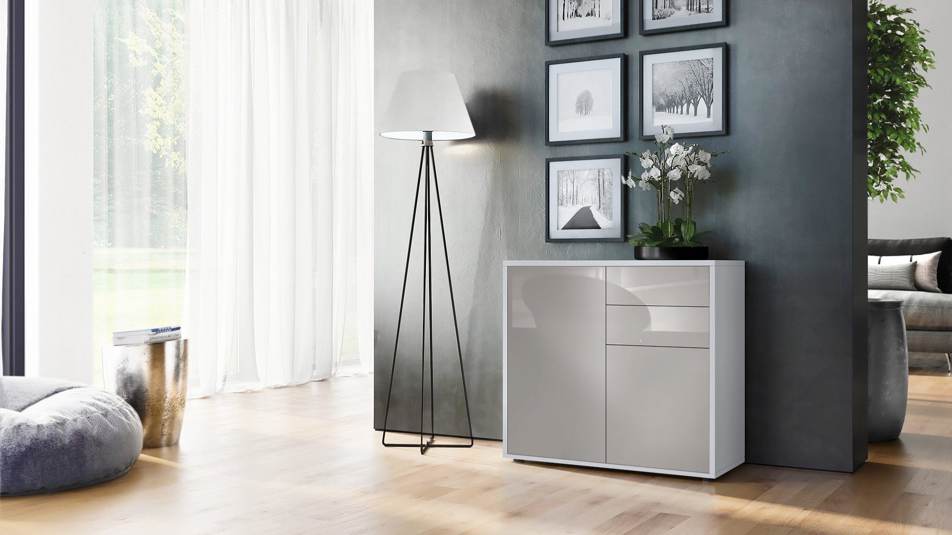 Vladon Kommode Ben V1 (Kommode, mit 2 Türen und 2 Schubladen), Weiß matt/Sandgrau Hochglanz (79 x 74 x 36 cm)