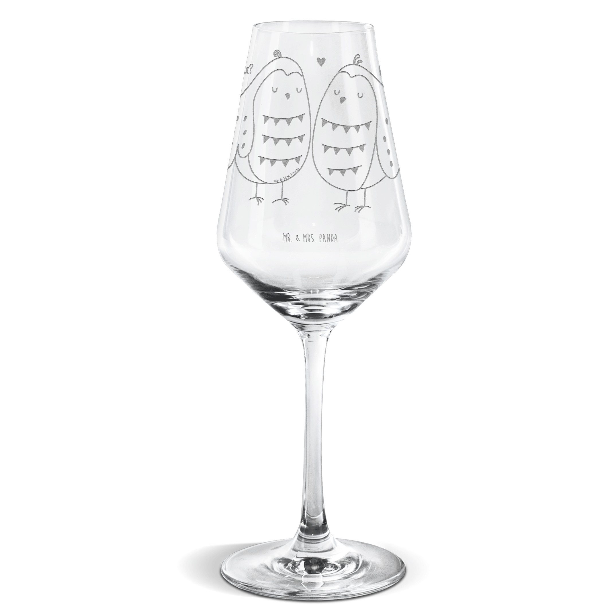 Mr. & Mrs. Panda Weißweinglas Eulen Liebe - Transparent - Geschenk, Weinglas mit Gravur, Hochwertig, Premium Glas, Liebevoll gestaltet
