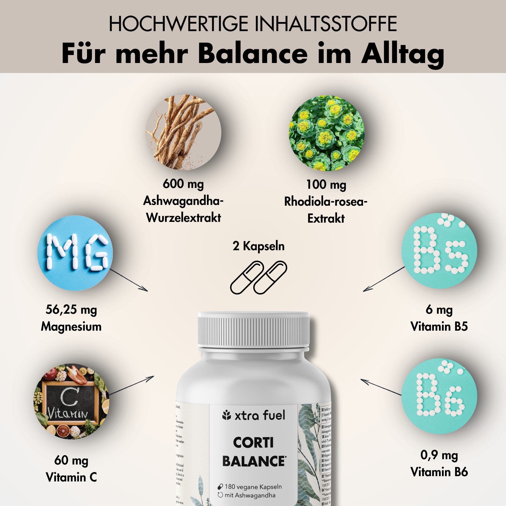 XTRA FUEL Corti Balance* -Cortisol Kapseln* - Ashwagandha, Rhodiola & Vitamin B6 Kapsel, 123.3 g