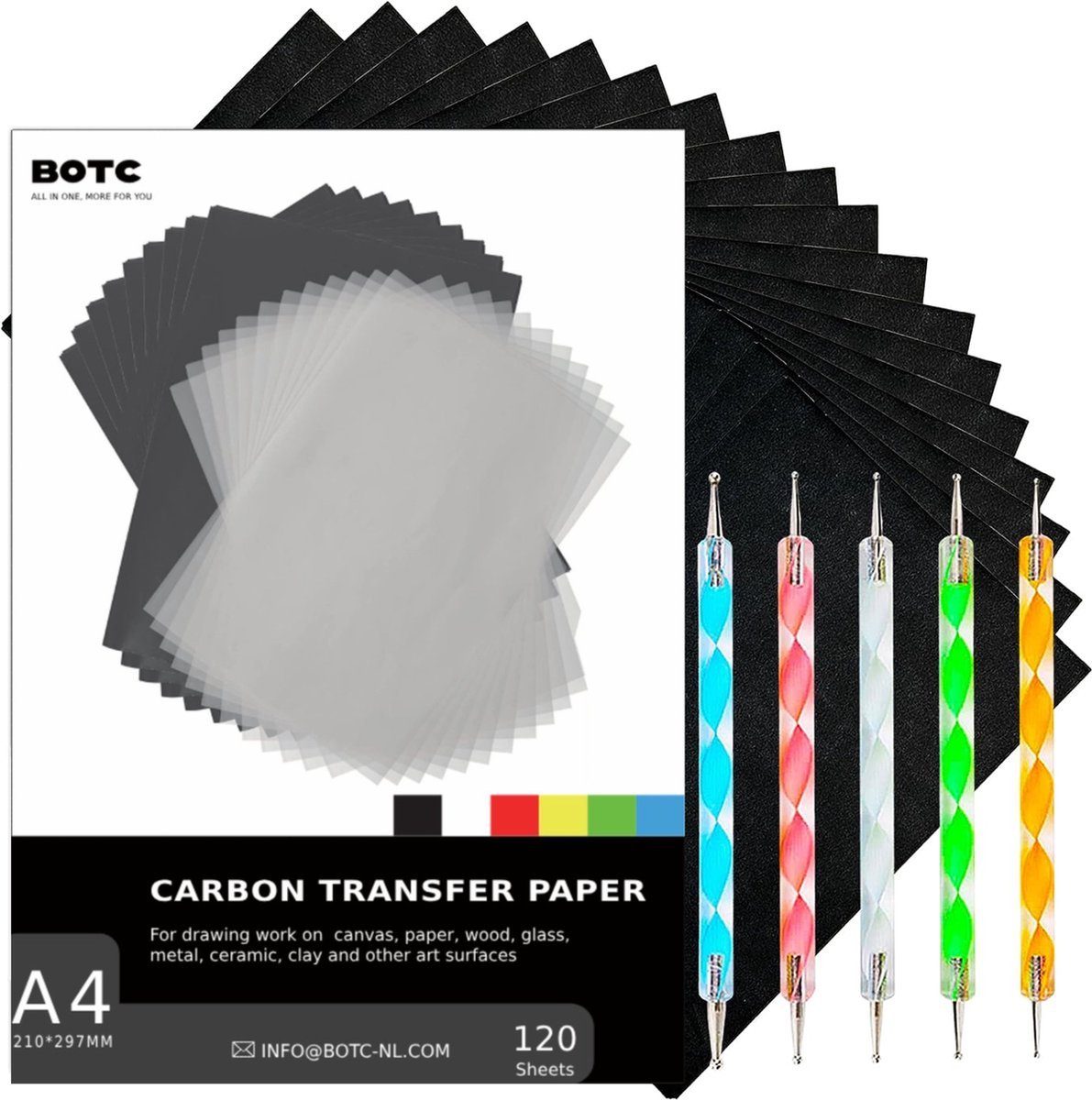 BOTC Папір для плоттера A4 Kohlepapier - 120 Stück - mit 5 Pausstiften - Schwarz Schablonen, 120 Blatt Carbon-Transferpapier + 5 Prägestifte