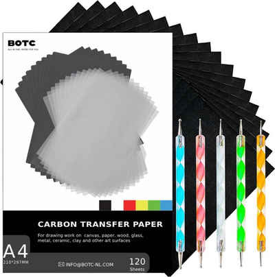 BOTC Plotterpapier A4 Kohlepapier - 120 Stück - mit 5 Pausstiften - Schwarz Schablonen, 120 Blatt Carbon-Transferpapier + 5 Prägestifte