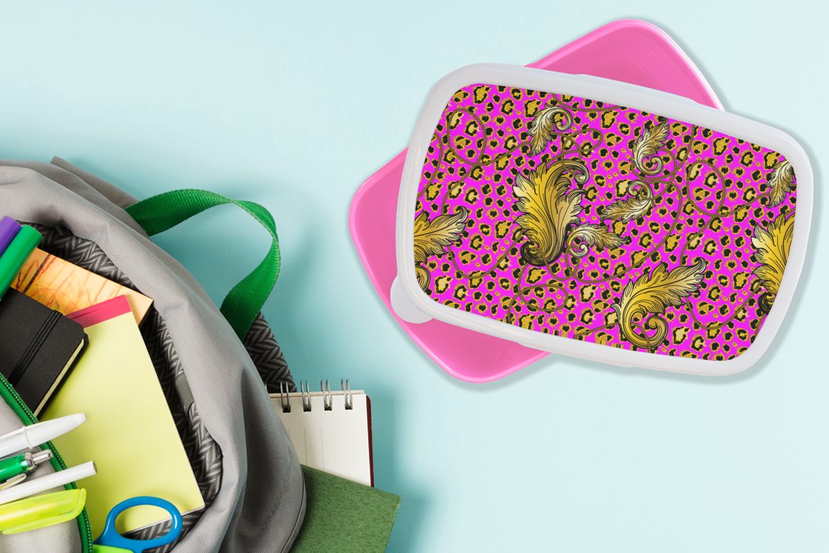 Kunststoff, - Kunststoff Panther Muster, Lunchbox Kinder, Brotdose Gold Brotbox (2-tlg), Snackbox, Barock - MuchoWow rosa - Mädchen, Erwachsene, für