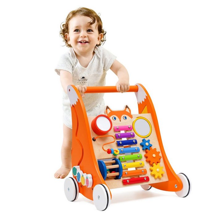 Arkmiido Kinderfahrzeug Lauflernhilfe Multifunktionale Lauflernwagen mit Lernspielzeug (mit Perlenwicklung und Xylophon) Gehwagen aus Holz Baby Walker für 12 Monate