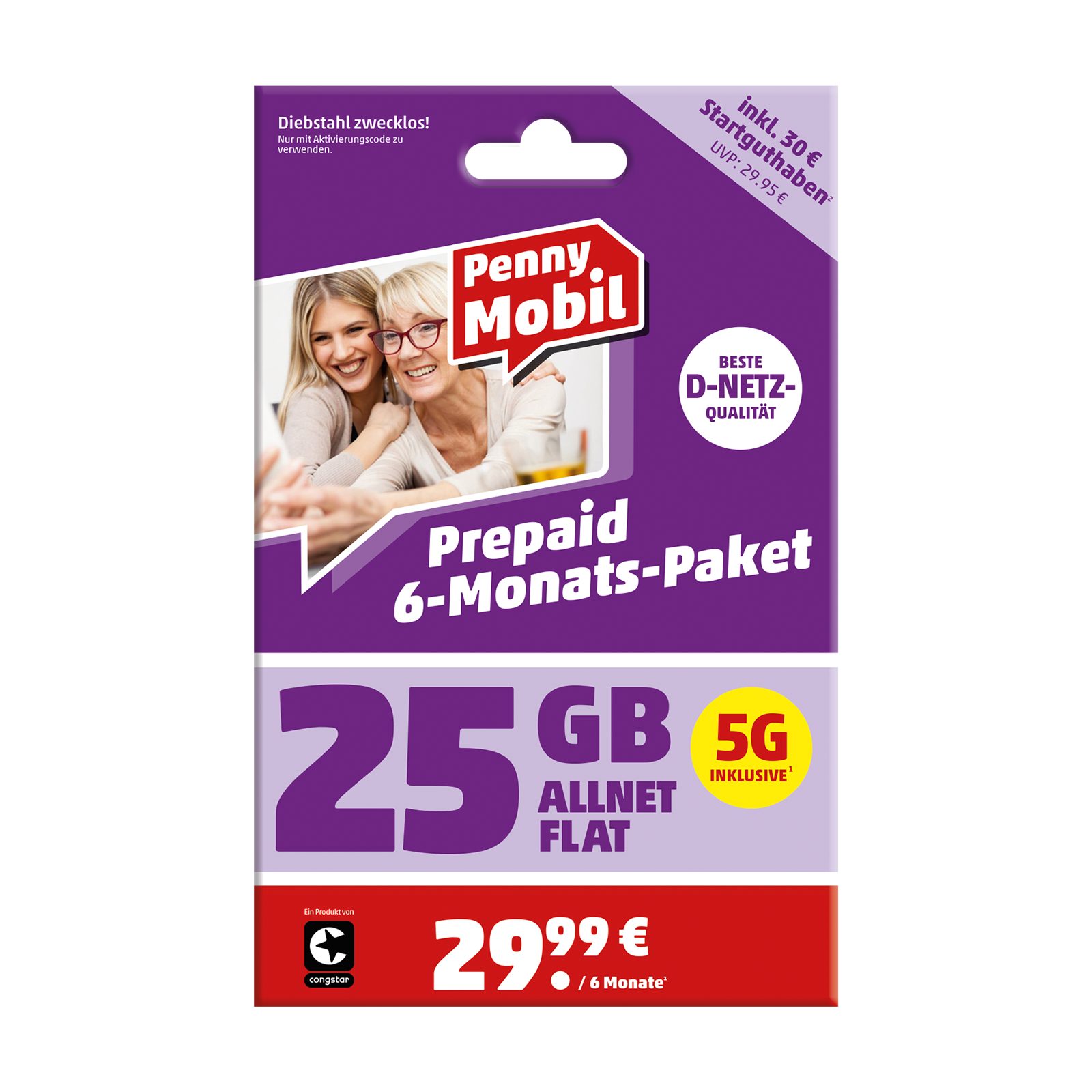 Penny Mobil Prepaid 6-Monats-Paket Simkarte mit 30 € Startguthaben Prepaidkarte, (EU-Roaming inkl. Schweiz und Großbritannien)