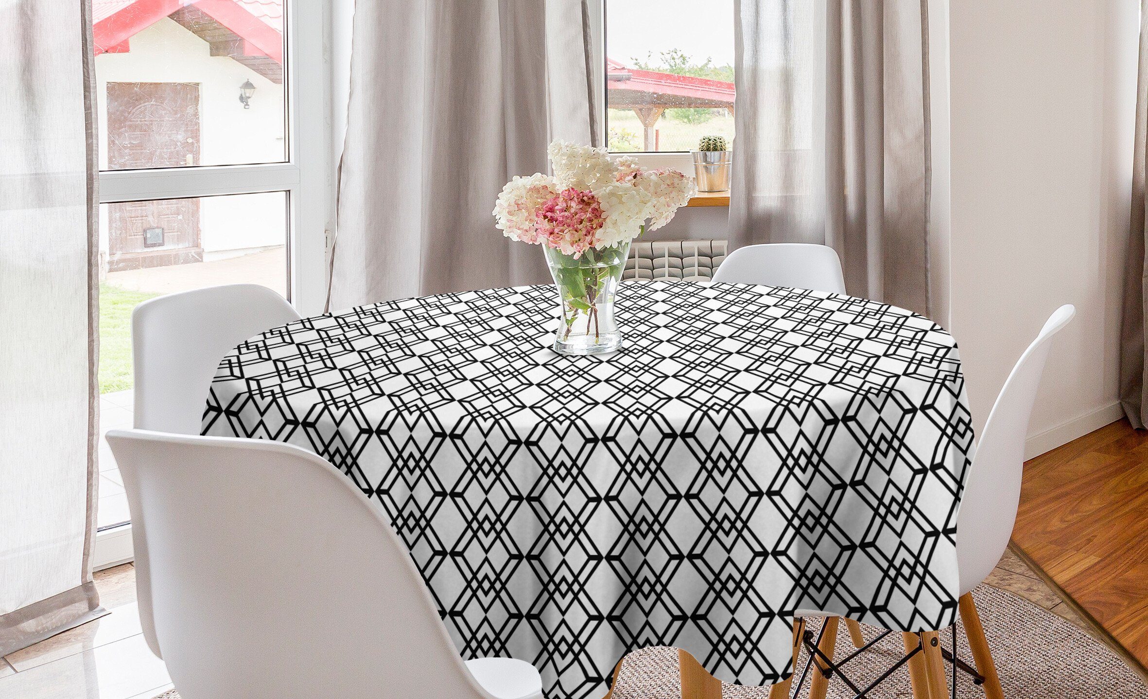 Abakuhaus Tischdecke Kreis Tischdecke Abdeckung für Esszimmer Küche Dekoration, Schwarz und weiß Gitterlinien