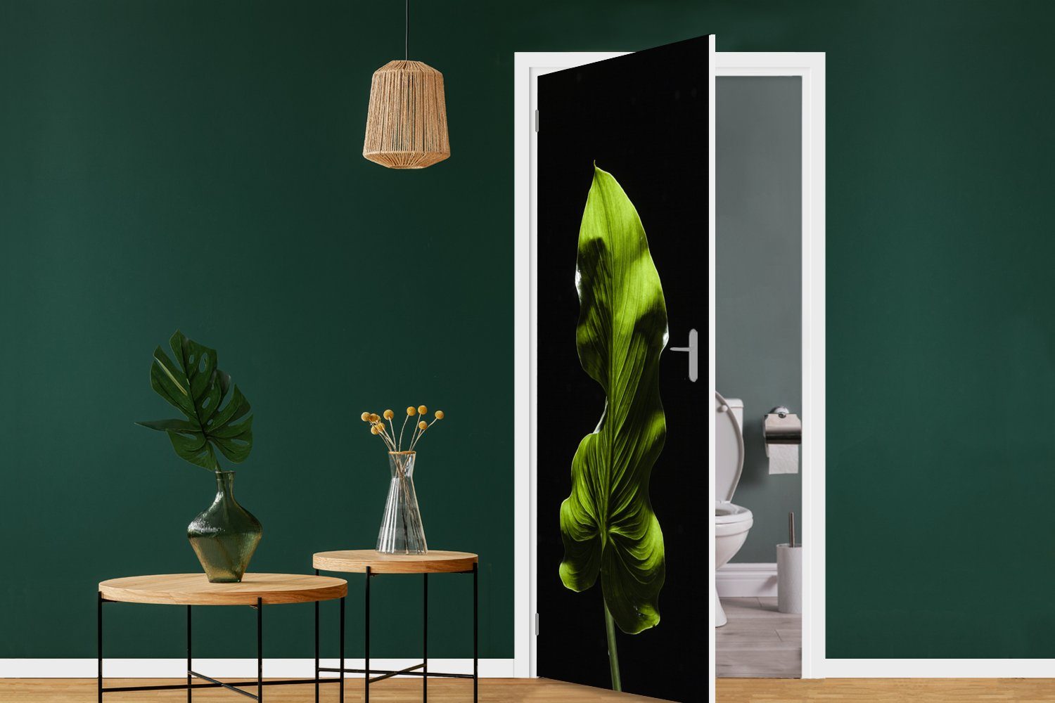 Tür, Ein MuchoWow St), Türtapete Hintergrund, Matt, (1 Türaufkleber, schwarzem bedruckt, cm Blatt auf grünes 75x205 für Fototapete