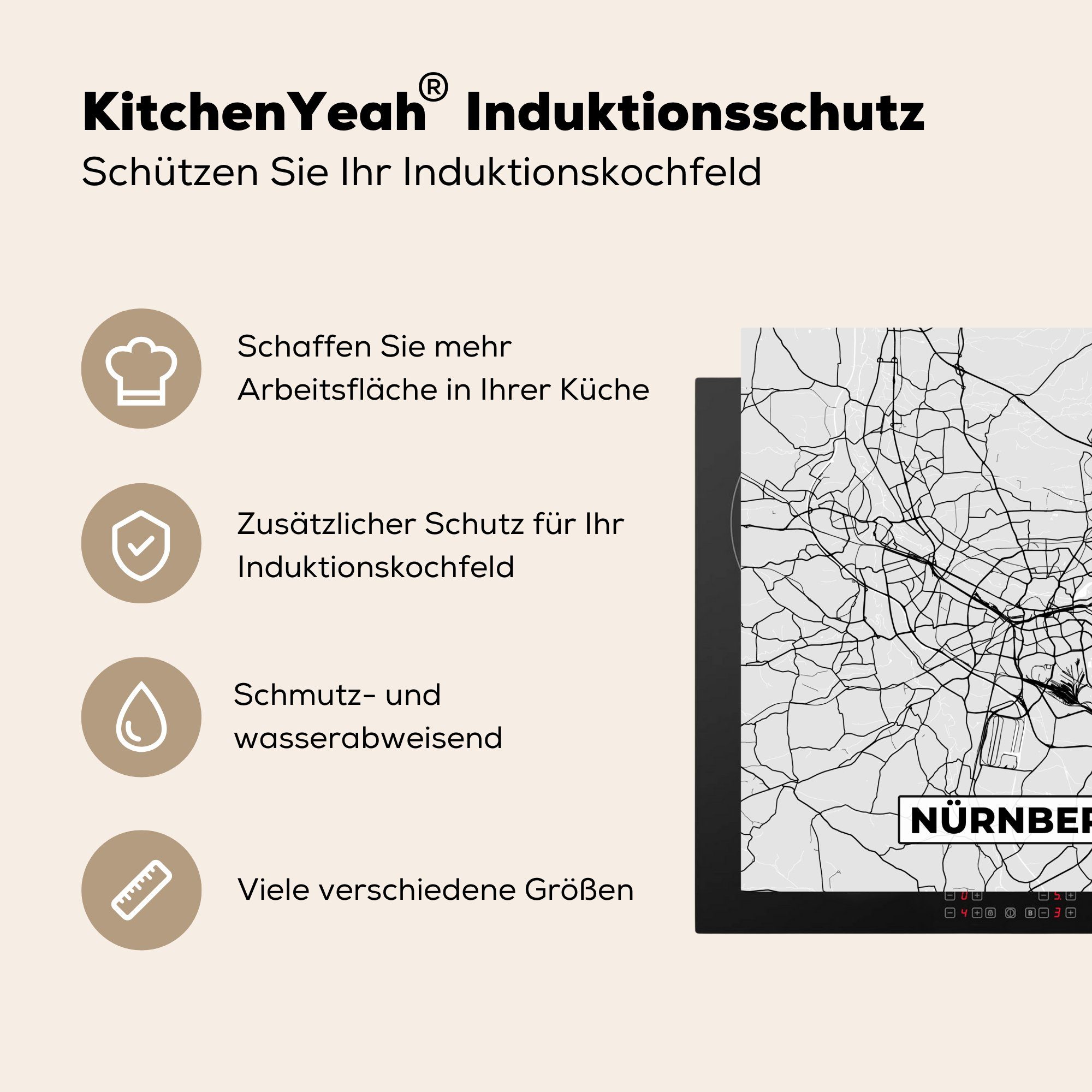 MuchoWow - Arbeitsplatte (1 Ceranfeldabdeckung, - Herdblende-/Abdeckplatte cm, für tlg), Vinyl, küche 78x78 Deutschland, Stadtplan - Nürnberg Karte