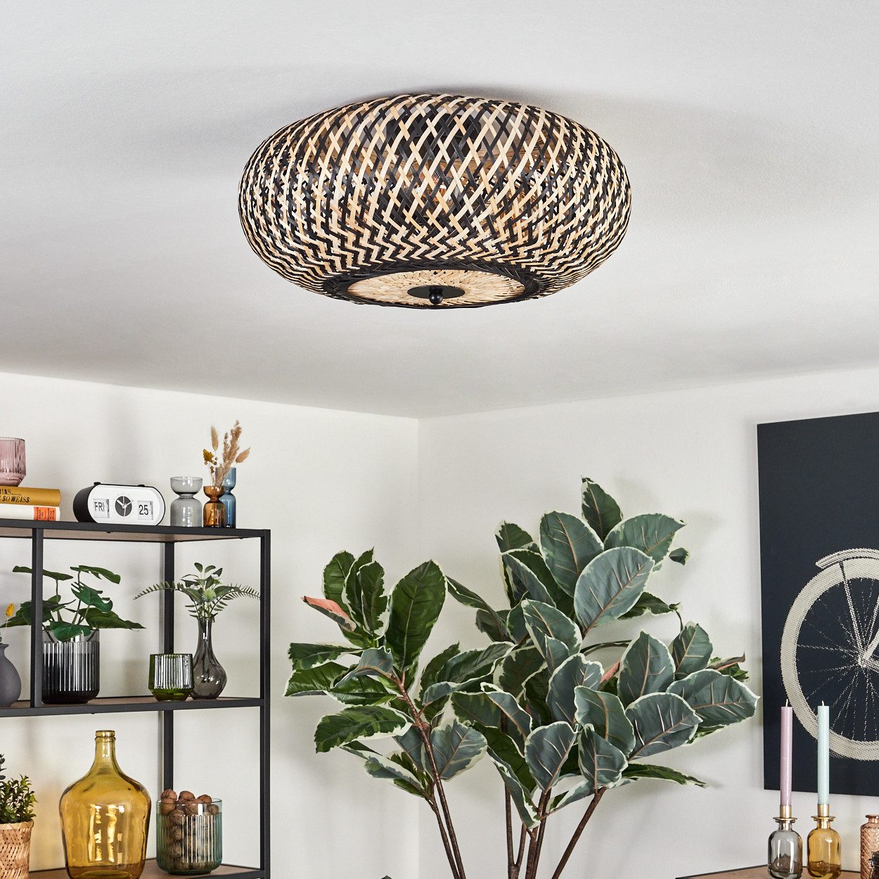 hofstein Deckenleuchte moderne Deckenlampe aus Metall/Bambus in Schwarz/Naturfarben, ohne Leuchtmittel, Boho-Design Deckenleuchte, Lichteffekt an d. Decke, Ø 40 – Bild 2 von 5