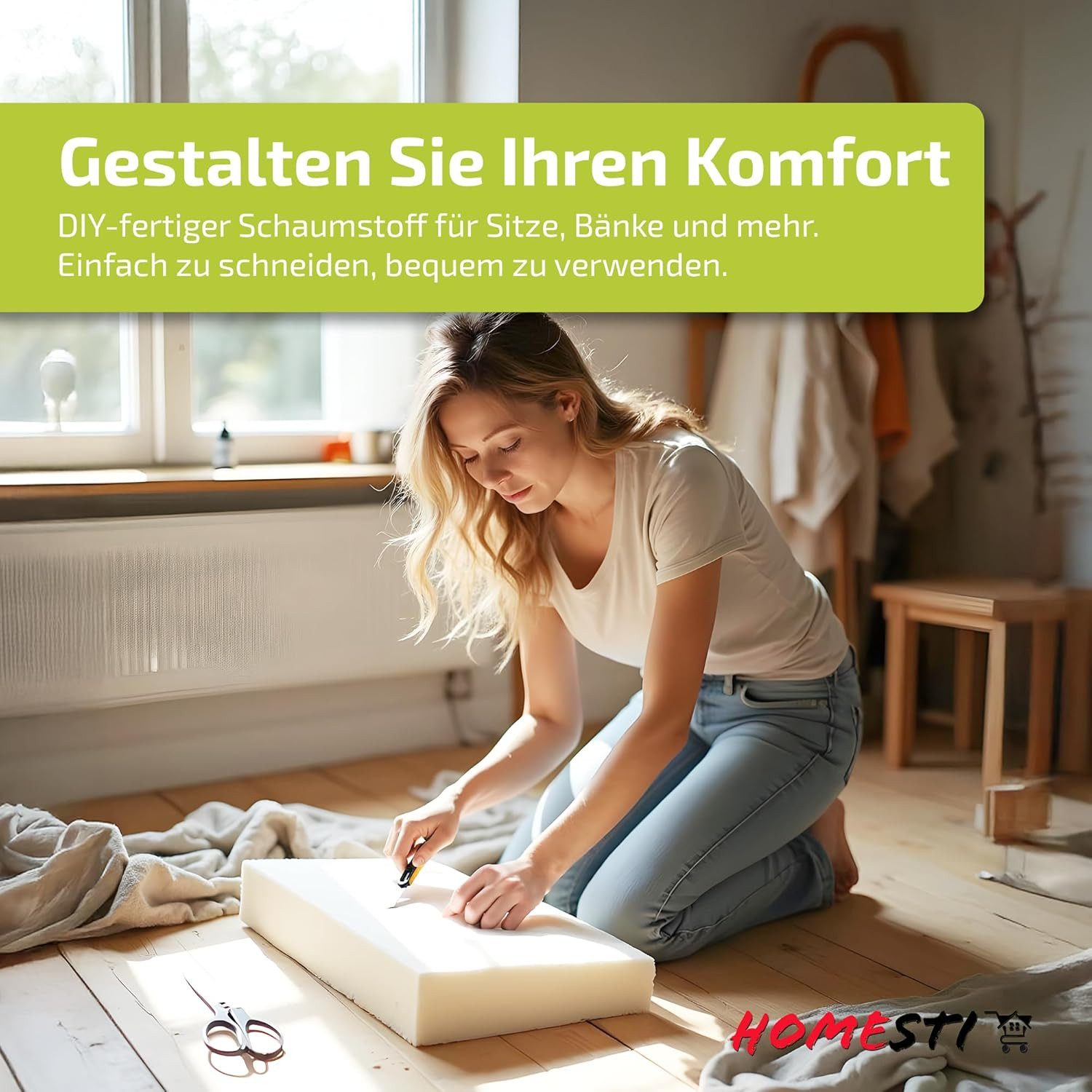 homesti Polsterauflage zuschneidbares Polster 90 x 40 x 6 cm Schaumstoffplatte Sitzkissen, lässt sich problemlos zuschneiden (Cuttermesser, Tepichmesser)