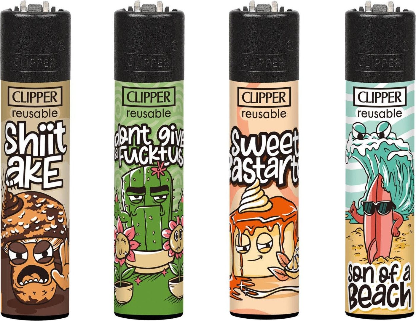 CLIPPER Feuerzeuge 4 Stück im Set mit Spruch nachfüllbar & wiederverwendbar (4-St., 4), Original Clipper mit Spruch: Stammtisch, Wurst, Grillen, Tofu, Fucktus