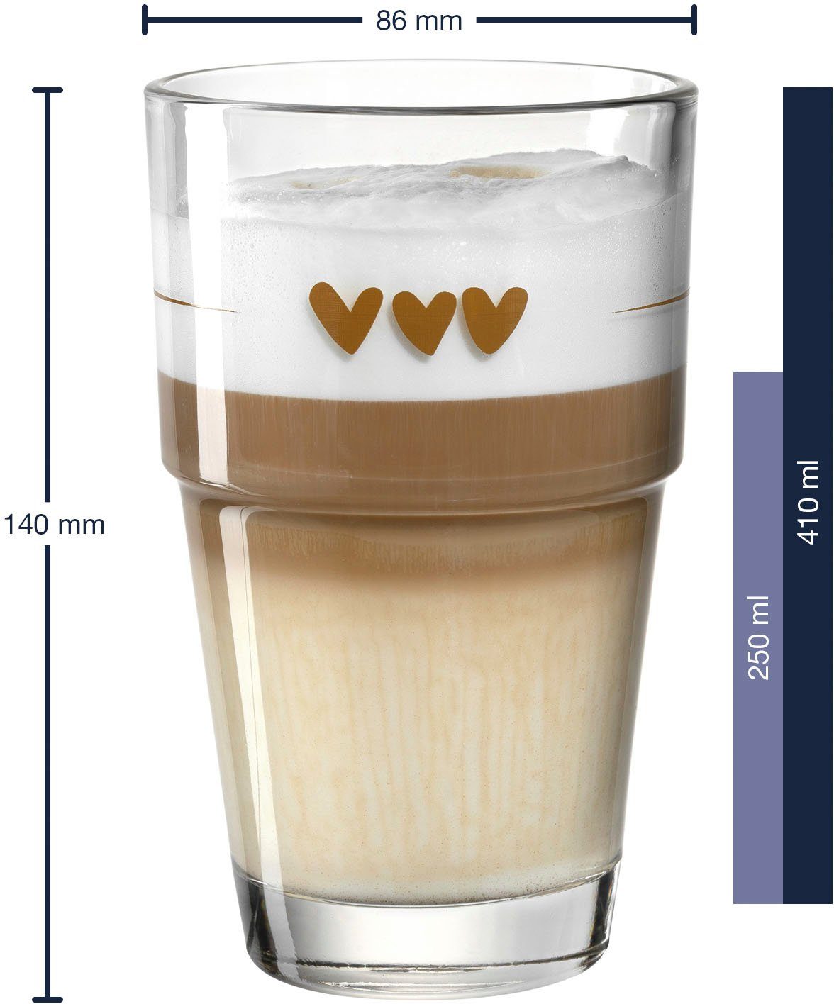 LEONARDO Latte-Macchiato-Glas Gläser-Set SOLO, mit Herzmotiv, 6-tlg., Glas, 410 ml, 6-teilig