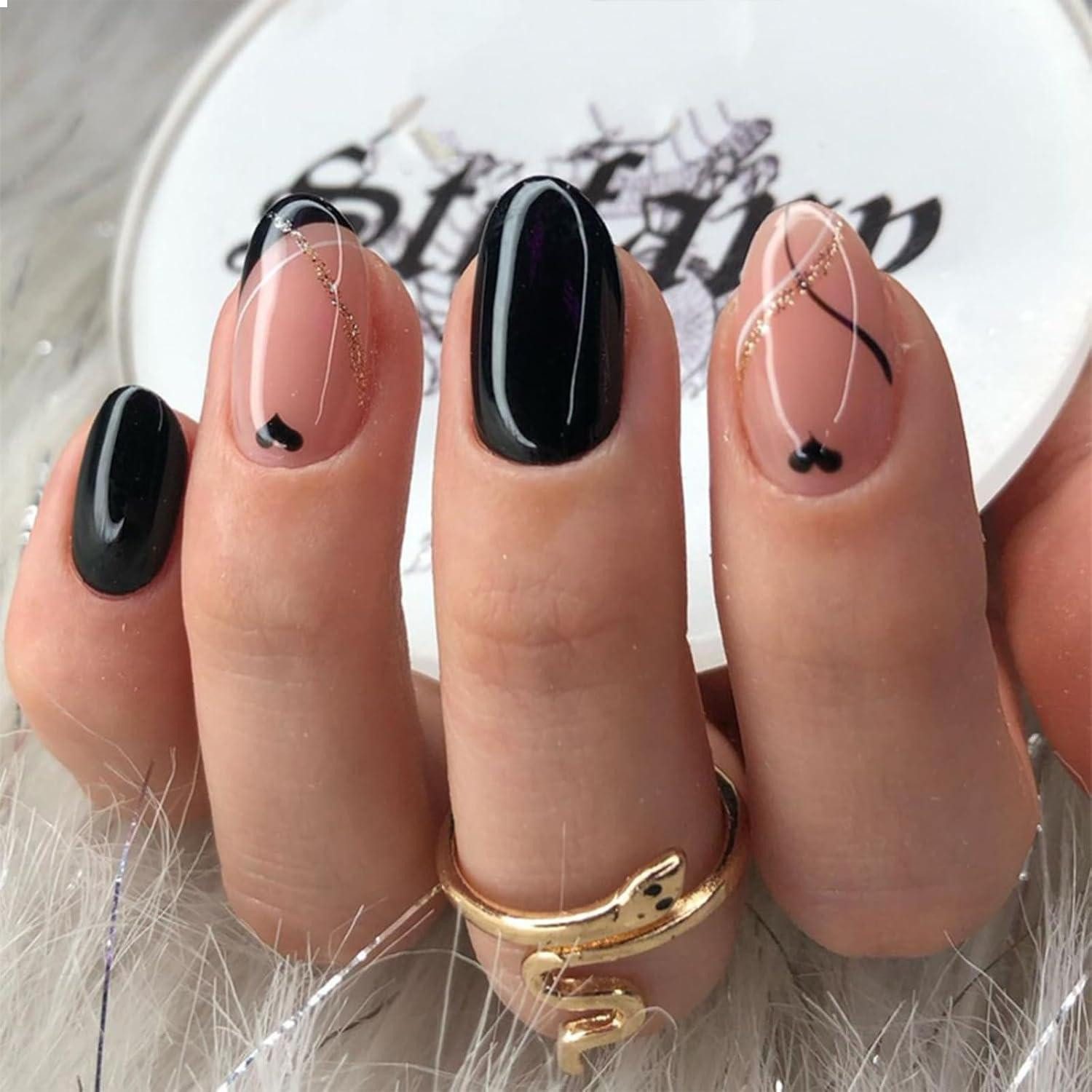 Kunstfingernägel Klebernagel Oval Glänzend Schwarz Gold Glitzer Wellenlinie Design 24