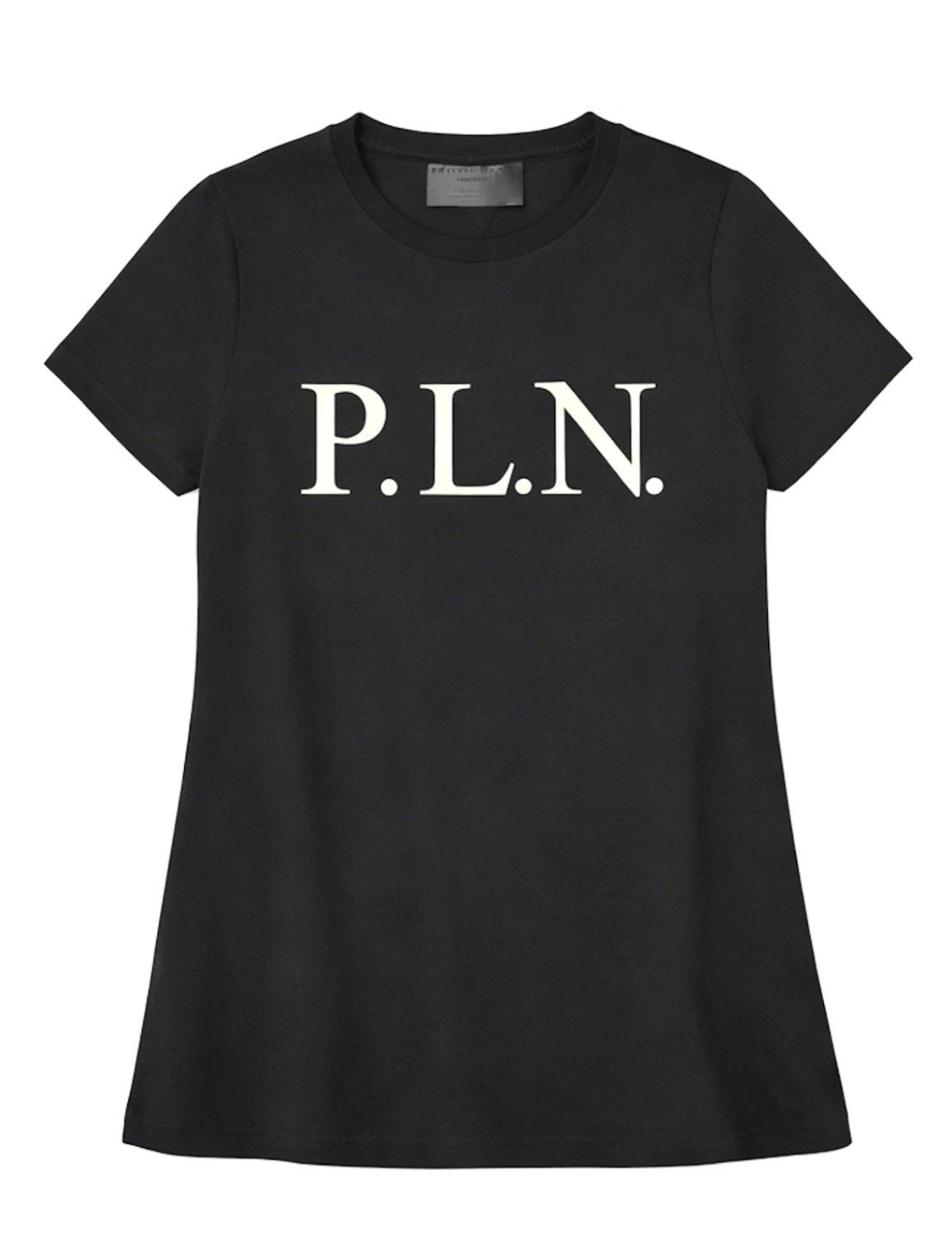 PHILIPP PLEIN T-Shirt P.L.N. Longline Mid Lang Mini Kleid Shirt Iconic Luxus Hexagonales Leder-Patch im Nackenbereich