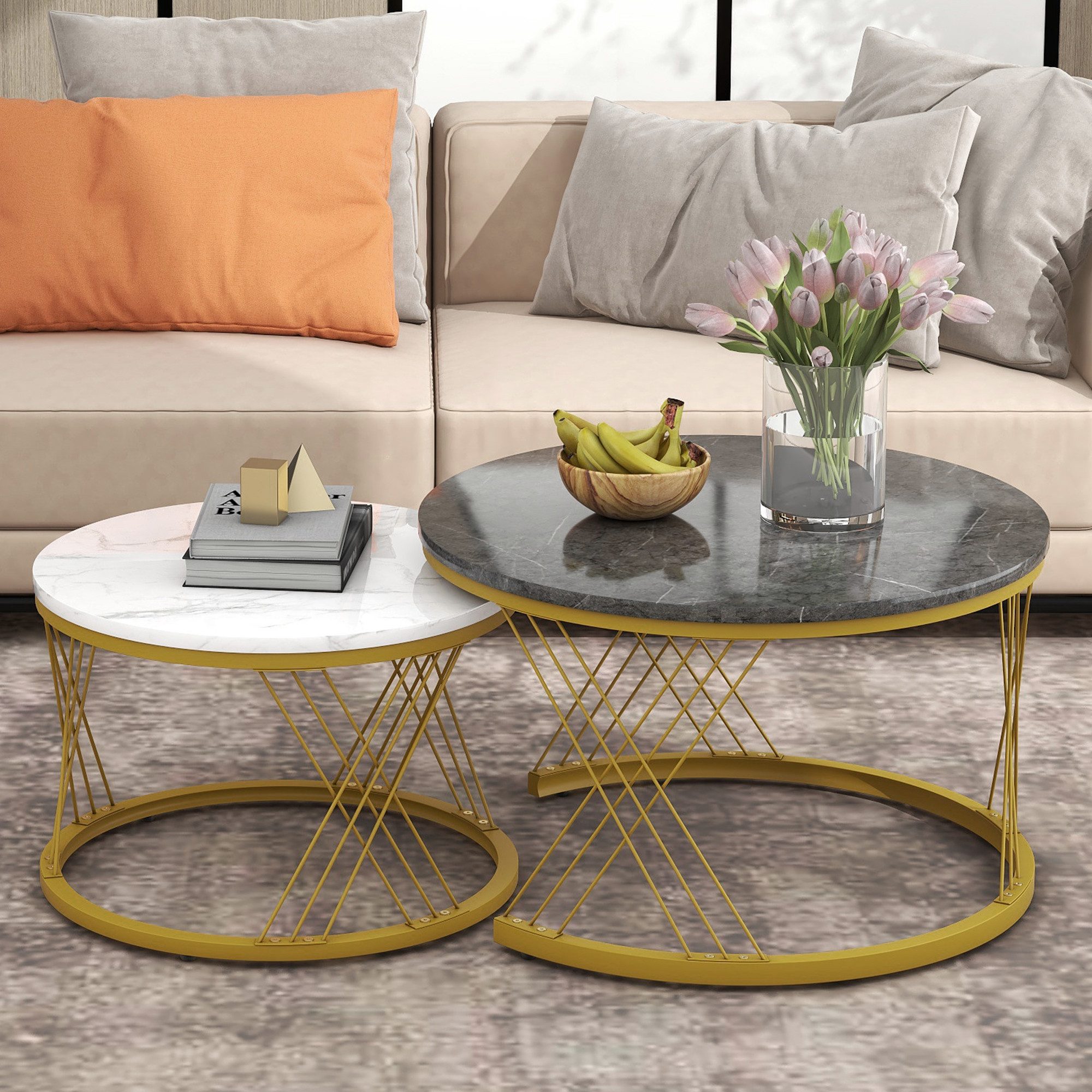Merax Couchtisch Set rund Satztisch Wohnzimmertisch 1,5 cm Platte, hochglan günstig online kaufen