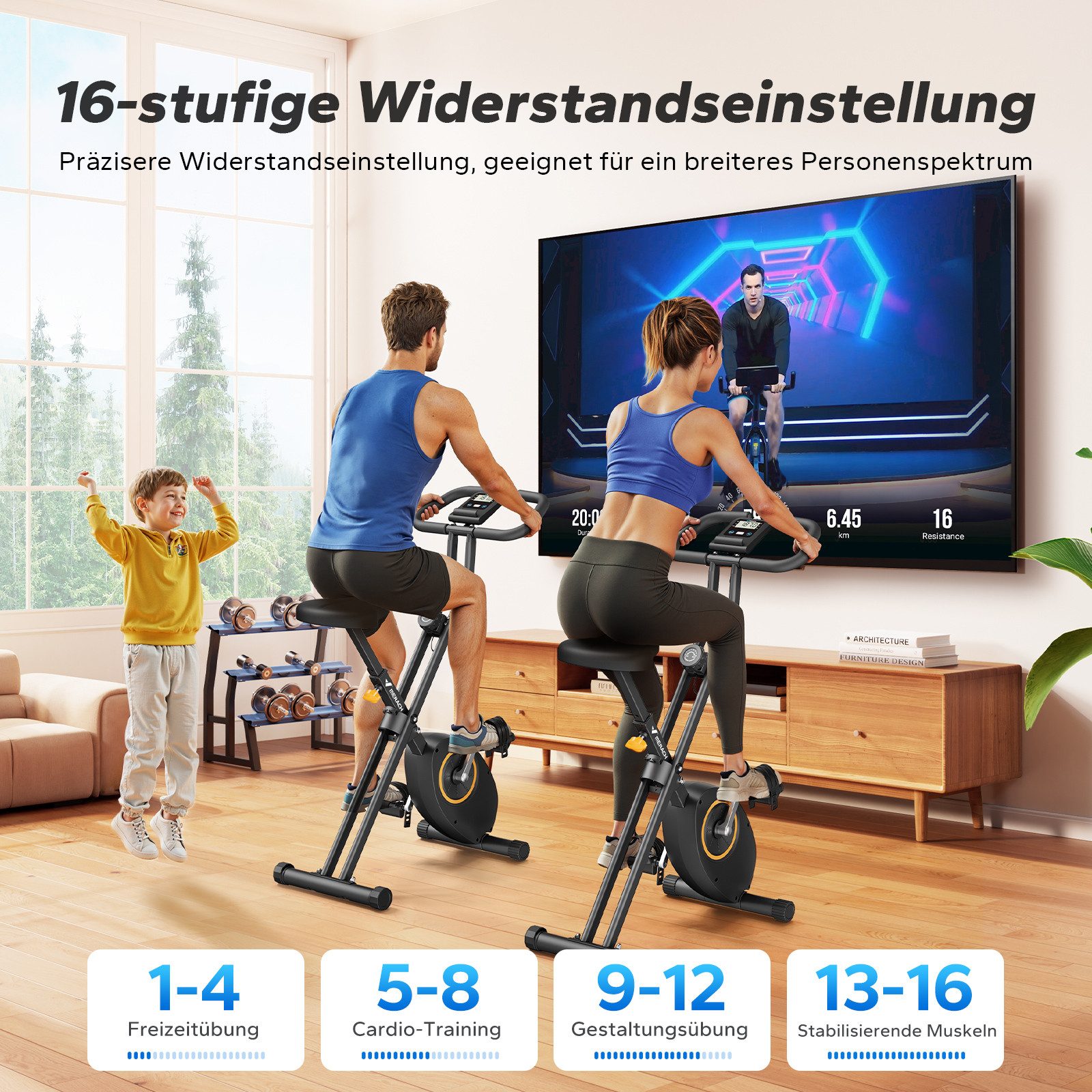 MERACH Heimtrainer Fahrrad klappbar, mit leiser 16-stufiger Magnetbremse (Indoor Cycling Bike mit LCD-Display & praktischer Tablethalterung, platzsparend faltba – Bild 4 von 5