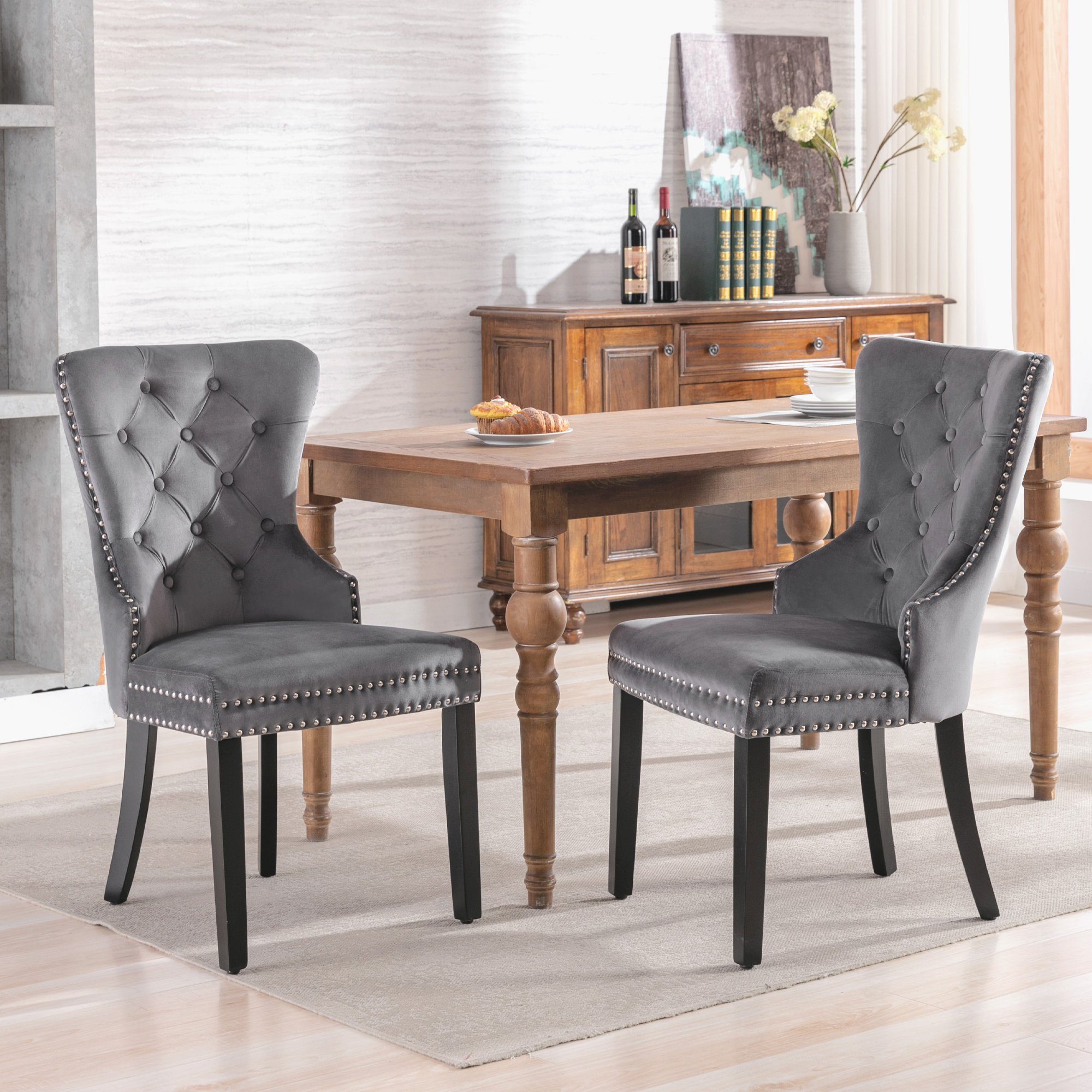 Ulife Stuhl mit Eichenbeinen, Knopf, Chromklopfer und Nagelkopfbesatz (2 St), Küchenstuhl Wohnzimmer Lounge Freizeitstuhl Grau