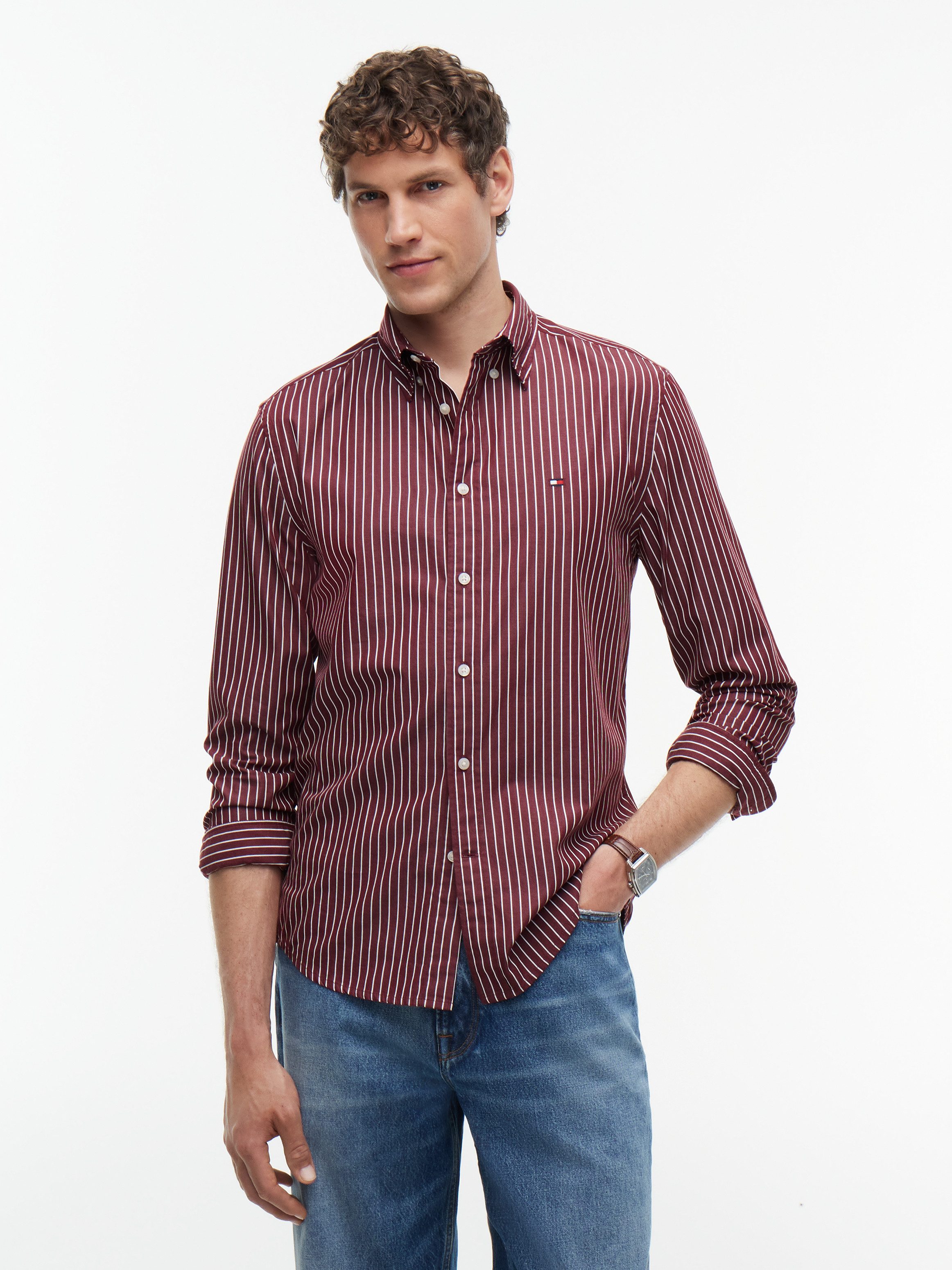 Tommy Hilfiger Langarmhemd FLEX HAIRLINE POPLIN REGULAR FIT Button-down-Kragen, gestreift
