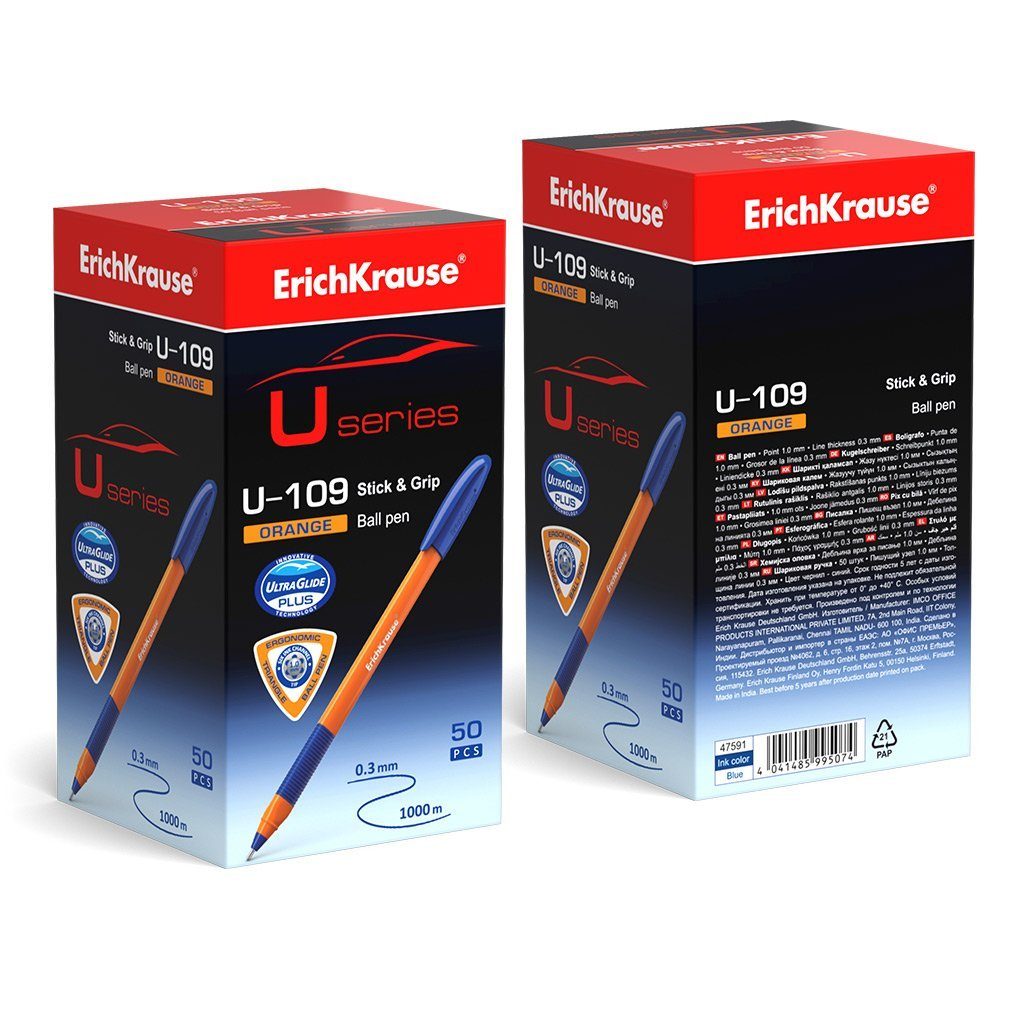 Erich Krause Kugelschreiber, Kugelschreiber U-109 Orange 0,3mm mit Gummigriff 50er Pack Blau